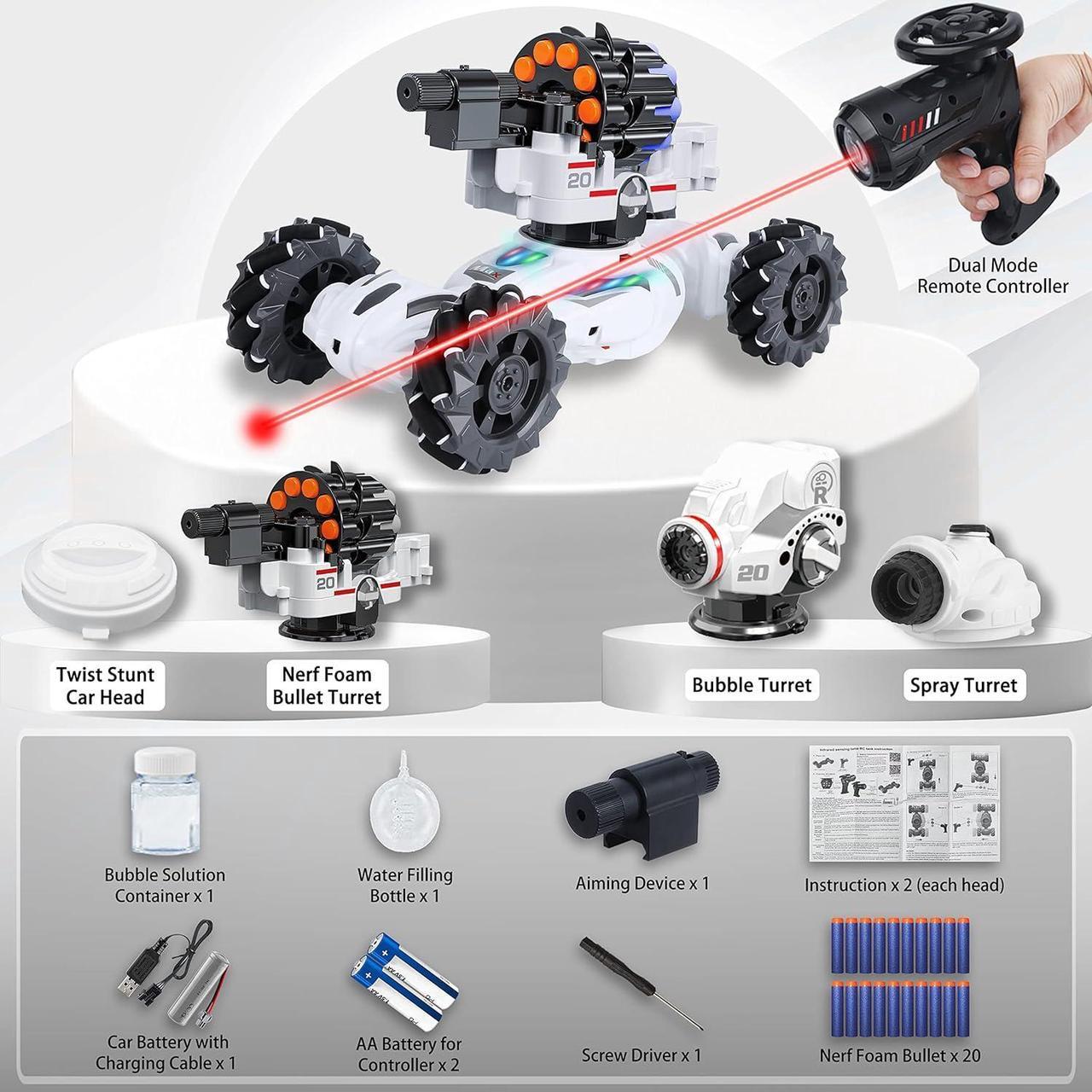 Alt view image 7 of 7 - 4 Head RC Tank Cars That Shoots Nerf Bullets, Bubble, Spray, Nerf Tank Remote Control Car for Boys 6 7 8 9 10 11 12 Year Old, RC Stunt Car Chase Light Control, LED Light, Music, Kids Toy Gift