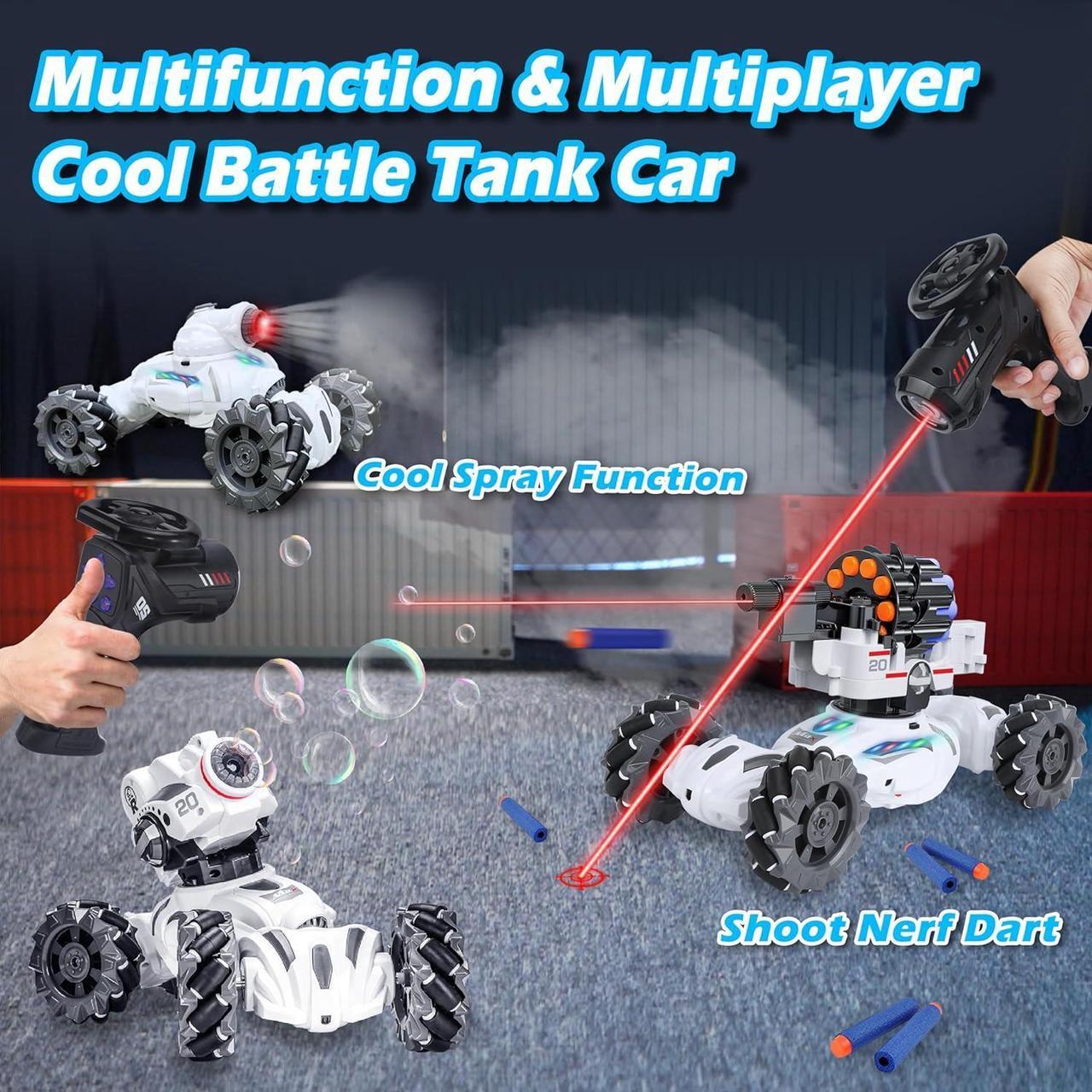 Alt view image 5 of 7 - 4 Head RC Tank Cars That Shoots Nerf Bullets, Bubble, Spray, Nerf Tank Remote Control Car for Boys 6 7 8 9 10 11 12 Year Old, RC Stunt Car Chase Light Control, LED Light, Music, Kids Toy Gift