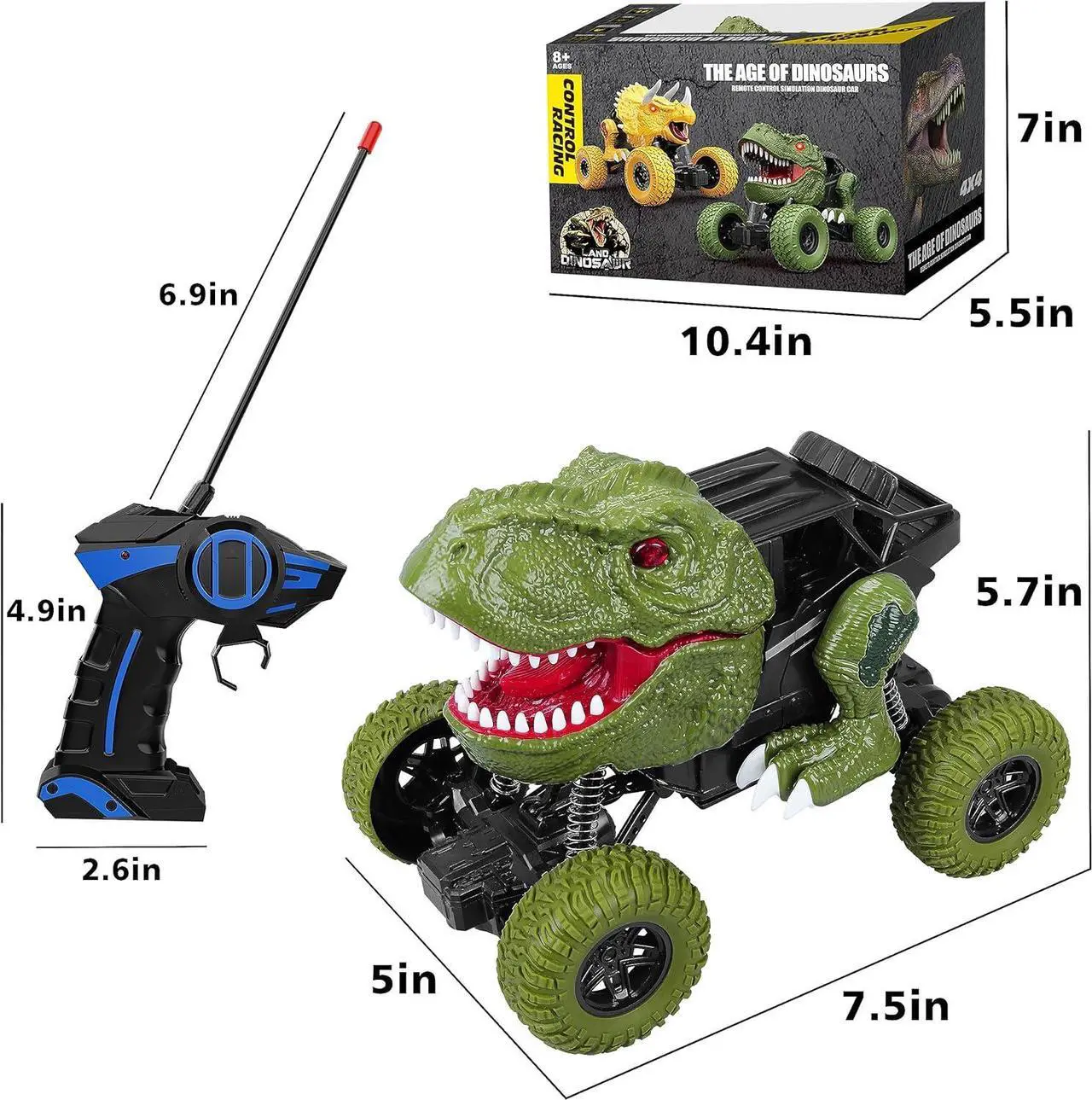 Alt view image 3 of 7 - Remote Control Dinosaur Car for Kids Boys, 2.4Ghz All Terrain Remote Control Dinosaur Truck with Light, Rechargeable 4WD Off Road RC Car Toys for Kids 3 4 5 6 7 8-12 Year Old Boys Girls Birthday Gift