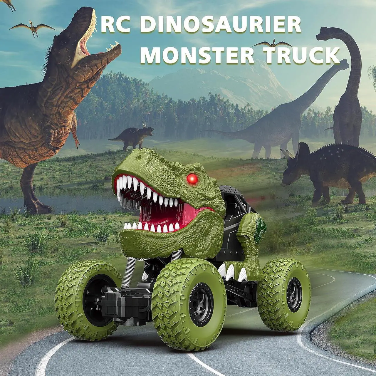 Alt view image 6 of 7 - Remote Control Dinosaur Car for Kids Boys, 2.4Ghz All Terrain Remote Control Dinosaur Truck with Light, Rechargeable 4WD Off Road RC Car Toys for Kids 3 4 5 6 7 8-12 Year Old Boys Girls Birthday Gift