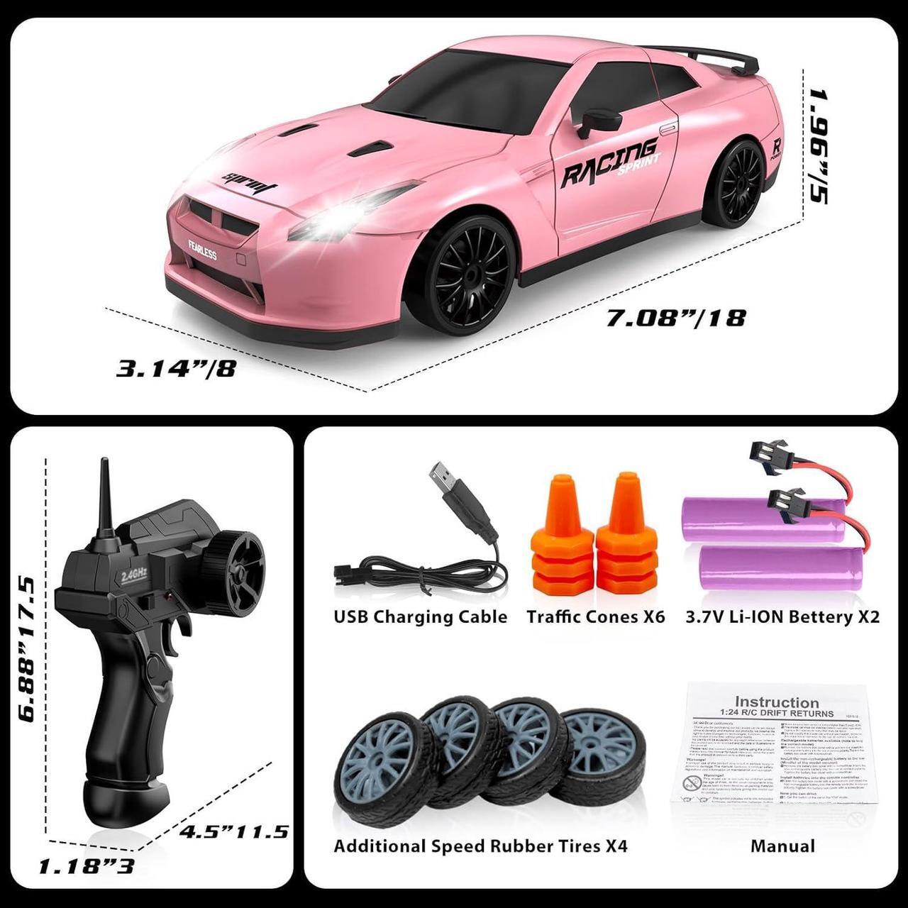 Alt view image 6 of 6 - Remote Control Car RC Drift Car 2.4GHz 1:24 Scale 4WD 15KM/H High Speed Model Vehicle with LED Lights Drifting Tire Racing Sport Toy Car for Adults Boys Girls Kids Gift 2Pcs Rechargeable Batteries