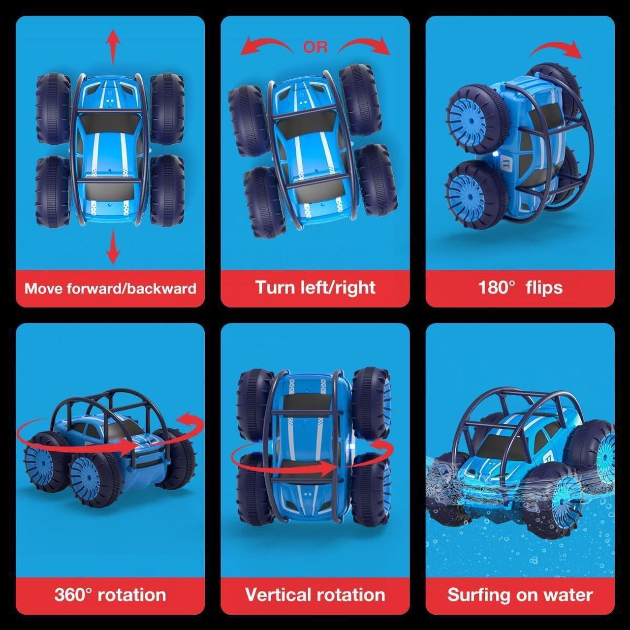 Alt view image 4 of 6 - Amphibious Remote Control Car, Rechargeable Direct Charging RC Cars 360° Flip Waterproof RC Stunt Car 2.4Ghz 15KM/H 4WD All Terrain Car Toy Xmas Gift for Boys and Girls