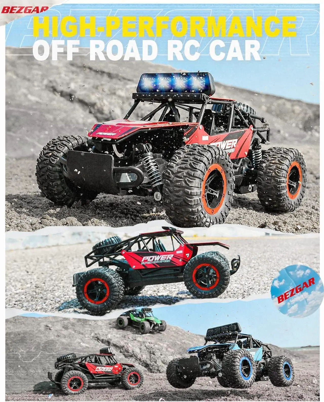 Alt view image 2 of 7 - BEZGAR TB141 RC Cars -1:14 Rc Cars for Boys Age 4-7 with Two Rechargeable Batteries, Fast Rc Monster Truck for Kids & Adults, All Terrains Remote Control Car for Boys 8-12 with LED Headlight (Red)