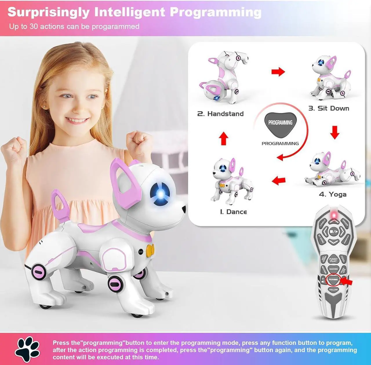 Alt view image 3 of 7 - Remote Control Robot Dog Toy, RC Dog Programmable Smart Interactive Robotic Pets, RC Stunt Robot Toys Dog Imitates Animals Follow Functions for Boys Girls Toy RC Car Robot Dog Pink