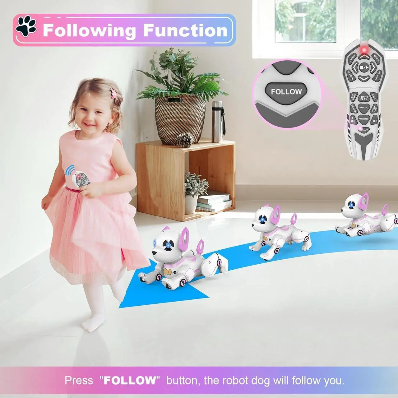 Alt view image 4 of 7 - Remote Control Robot Dog Toy, RC Dog Programmable Smart Interactive Robotic Pets, RC Stunt Robot Toys Dog Imitates Animals Follow Functions for Boys Girls Toy RC Car Robot Dog Pink
