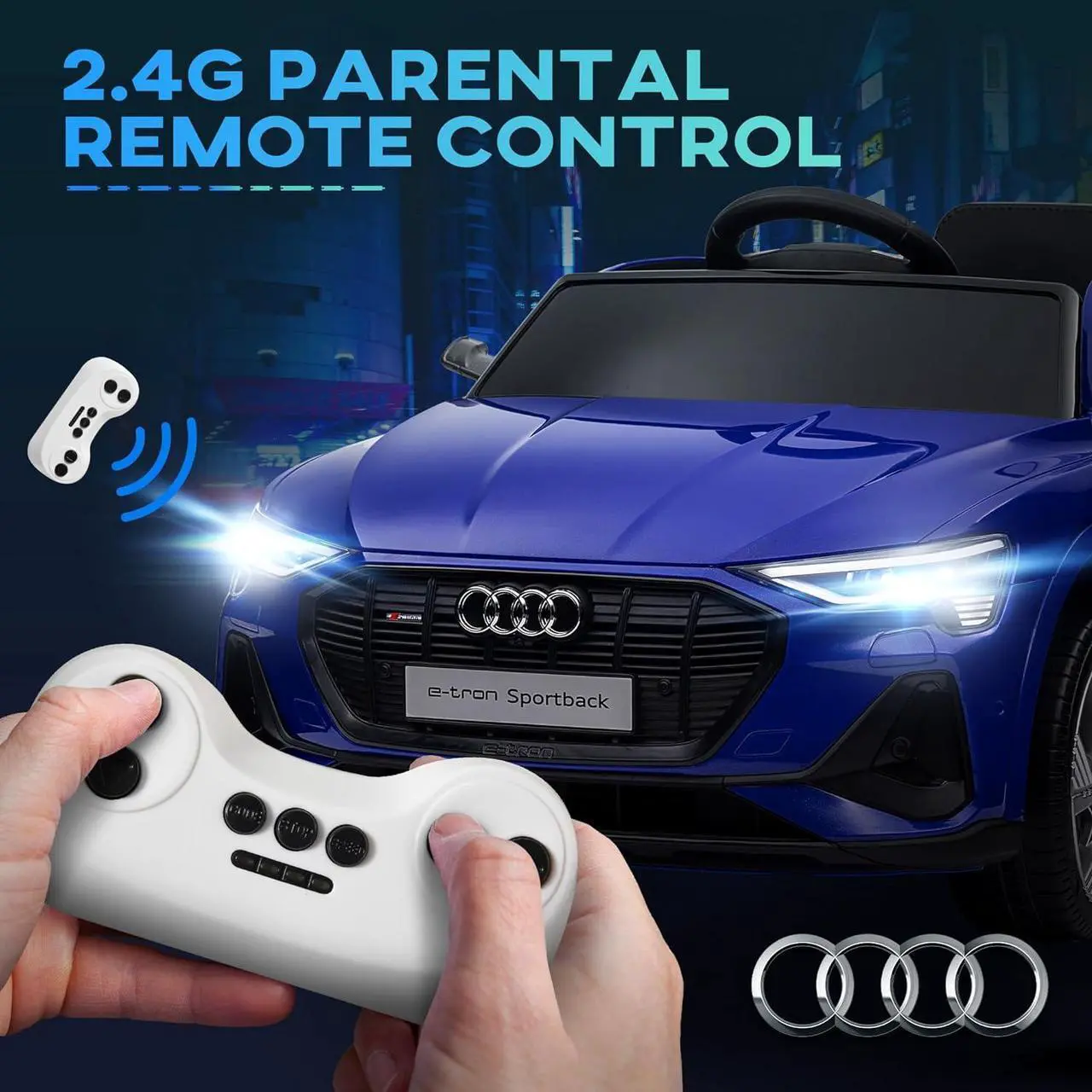 Alt view image 3 of 7 - Aosom 12V Kids Electric Ride On Car, Audi E-tron, Battery Powered Toy with Parent Remote Control, Suspension System, Auxiliary Wheels, LED Lights, Music and Horn, MP3 Player, Dark Blue