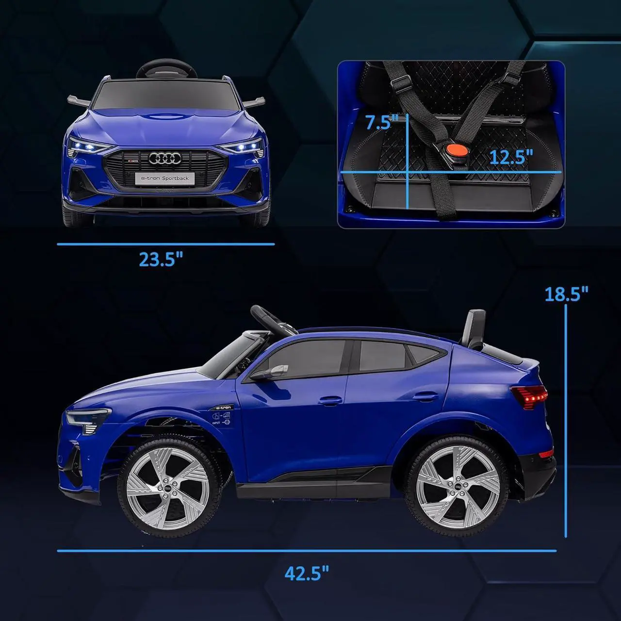 Alt view image 5 of 7 - Aosom 12V Kids Electric Ride On Car, Audi E-tron, Battery Powered Toy with Parent Remote Control, Suspension System, Auxiliary Wheels, LED Lights, Music and Horn, MP3 Player, Dark Blue