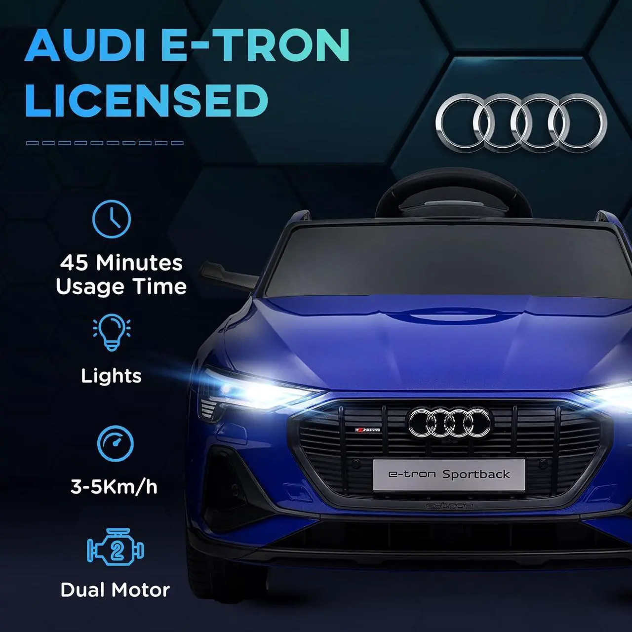 Alt view image 7 of 7 - Aosom 12V Kids Electric Ride On Car, Audi E-tron, Battery Powered Toy with Parent Remote Control, Suspension System, Auxiliary Wheels, LED Lights, Music and Horn, MP3 Player, Dark Blue