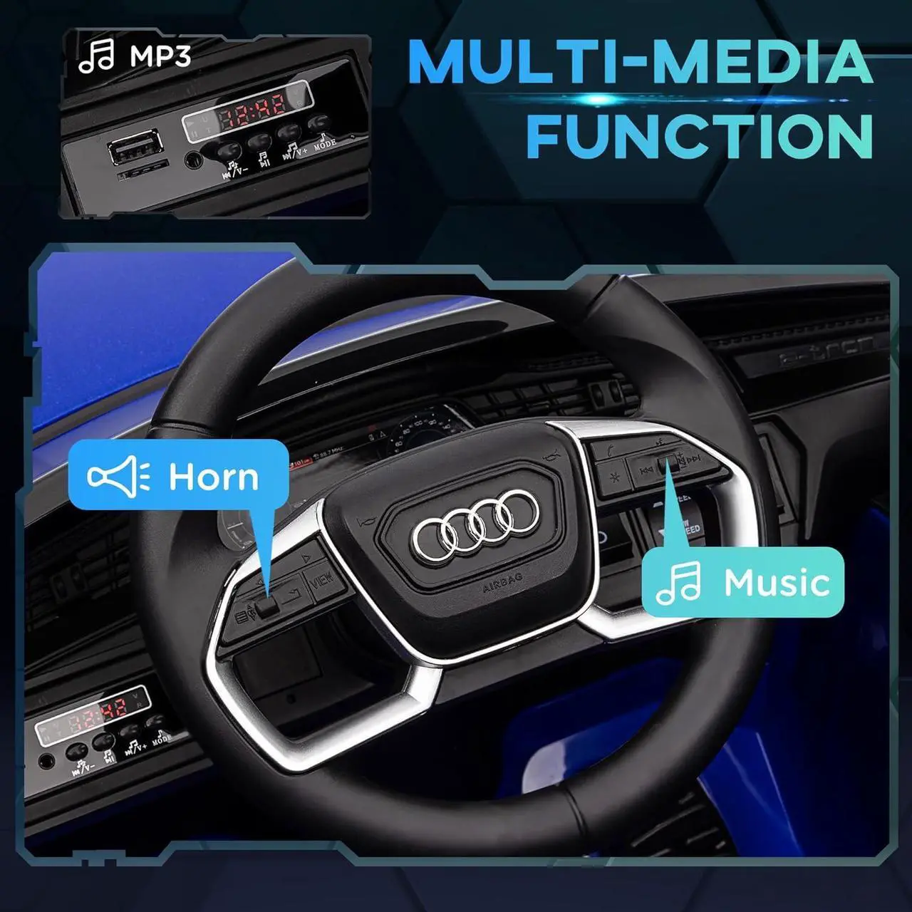 Alt view image 4 of 7 - Aosom 12V Kids Electric Ride On Car, Audi E-tron, Battery Powered Toy with Parent Remote Control, Suspension System, Auxiliary Wheels, LED Lights, Music and Horn, MP3 Player, Dark Blue