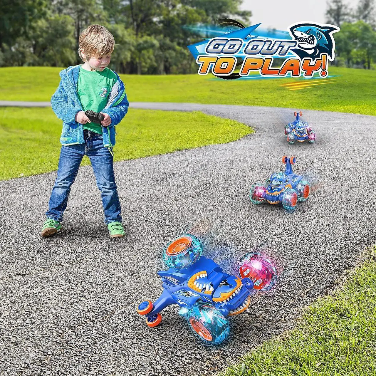 Alt view image 3 of 7 - RC Car Toys for Boys 3+: Shark Remote Control Cars for 4 5 6 7 8 9 10 Year Old Boy Gifts 360°Rolling Twister with Lights Cool Outdoor Toy Birthday Gift for Kids Age 4-8 Toddler Monster Truck