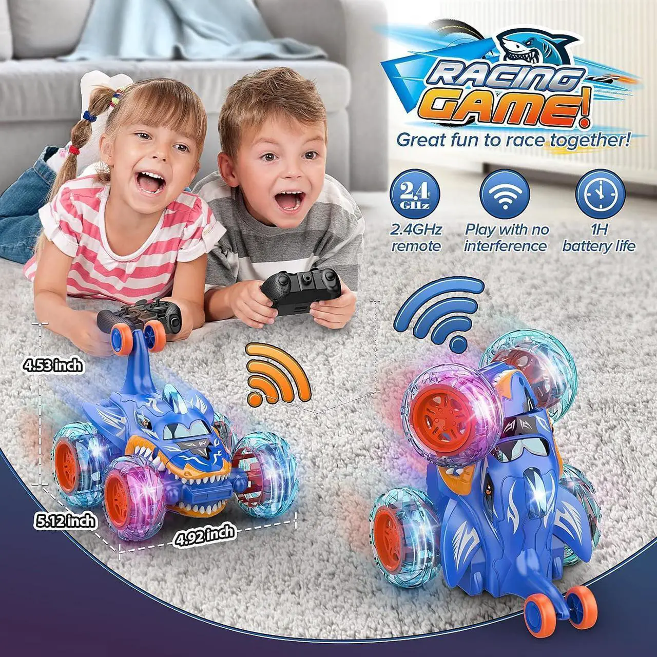 Alt view image 4 of 7 - RC Car Toys for Boys 3+: Shark Remote Control Cars for 4 5 6 7 8 9 10 Year Old Boy Gifts 360°Rolling Twister with Lights Cool Outdoor Toy Birthday Gift for Kids Age 4-8 Toddler Monster Truck