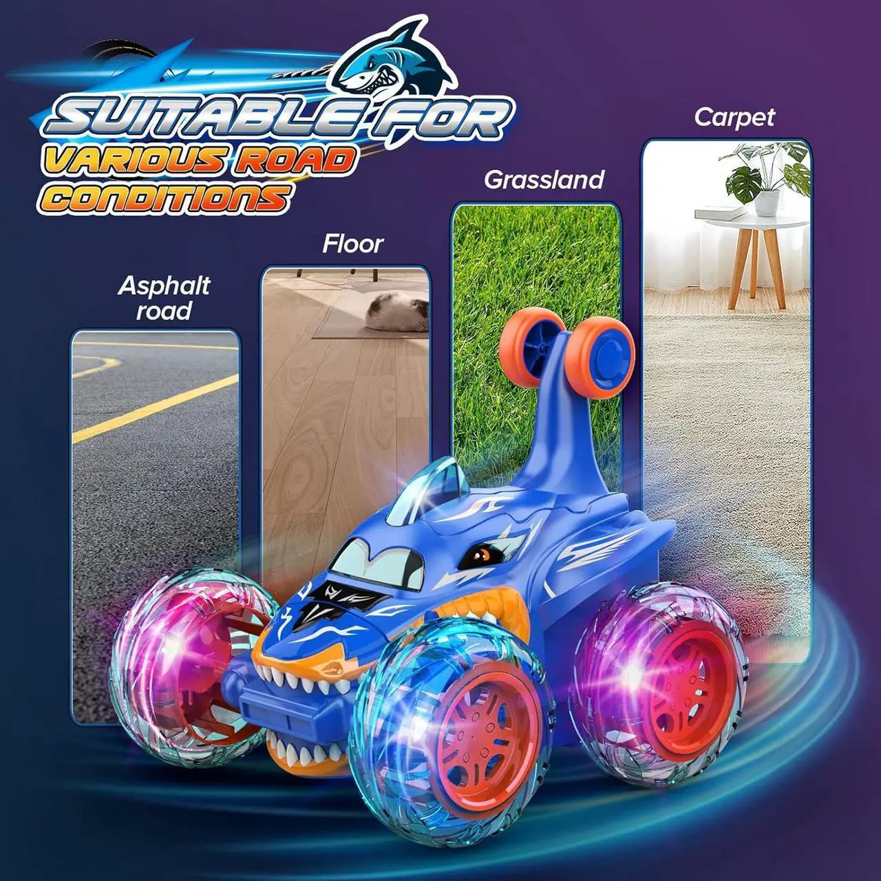 Alt view image 5 of 7 - RC Car Toys for Boys 3+: Shark Remote Control Cars for 4 5 6 7 8 9 10 Year Old Boy Gifts 360°Rolling Twister with Lights Cool Outdoor Toy Birthday Gift for Kids Age 4-8 Toddler Monster Truck