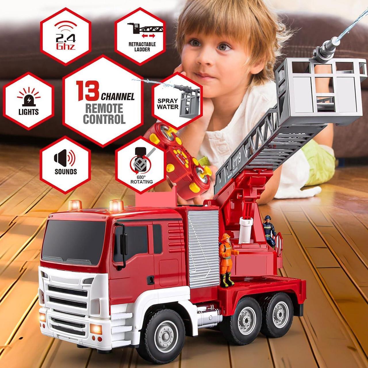 Alt view image 2 of 7 - 13 Channel RC Fire Truck Toy, 2.4G Remote Control Fire Truck with Lights, Siren Sounds, Water Spraying, 1:18 Large RC Firetruck Car for Kids Boys 16.5"