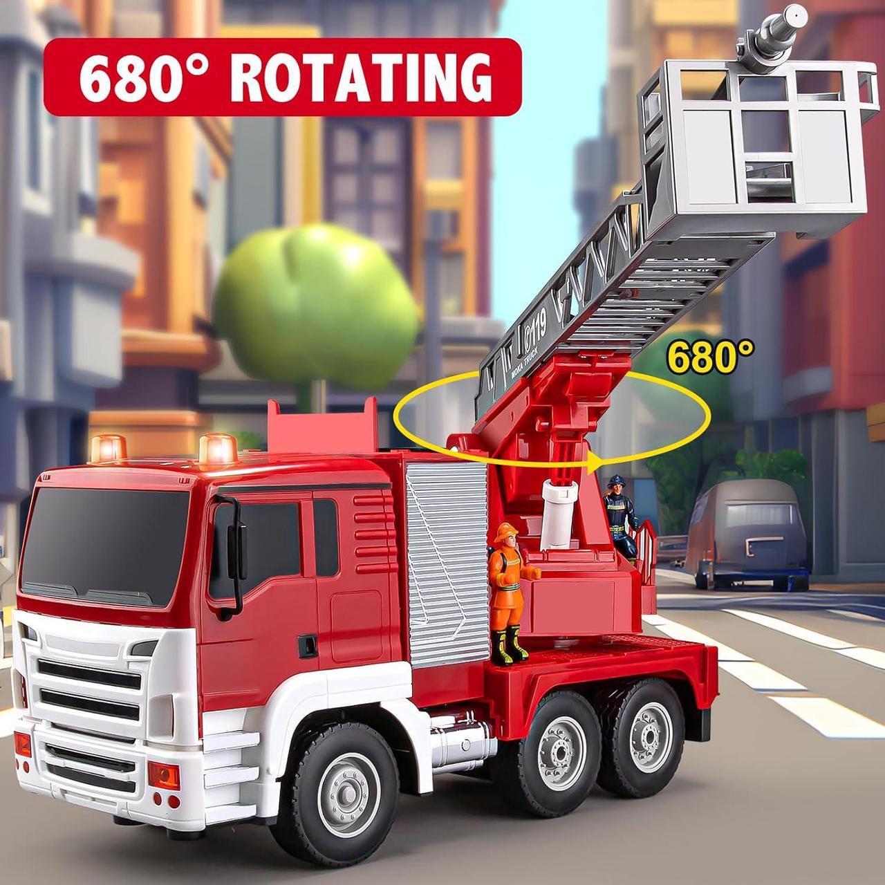 Alt view image 4 of 7 - 13 Channel RC Fire Truck Toy, 2.4G Remote Control Fire Truck with Lights, Siren Sounds, Water Spraying, 1:18 Large RC Firetruck Car for Kids Boys 16.5"
