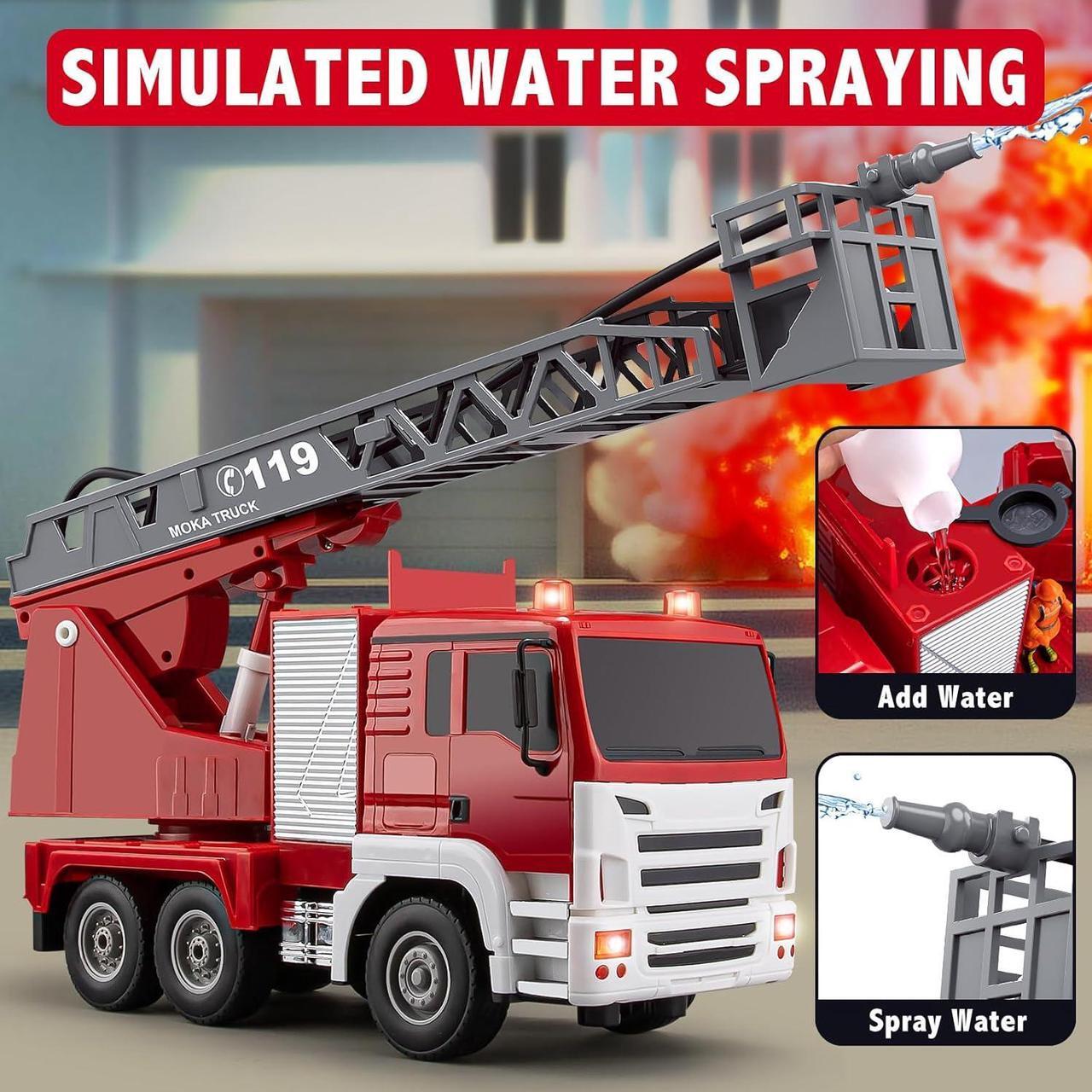 Alt view image 5 of 7 - 13 Channel RC Fire Truck Toy, 2.4G Remote Control Fire Truck with Lights, Siren Sounds, Water Spraying, 1:18 Large RC Firetruck Car for Kids Boys 16.5"