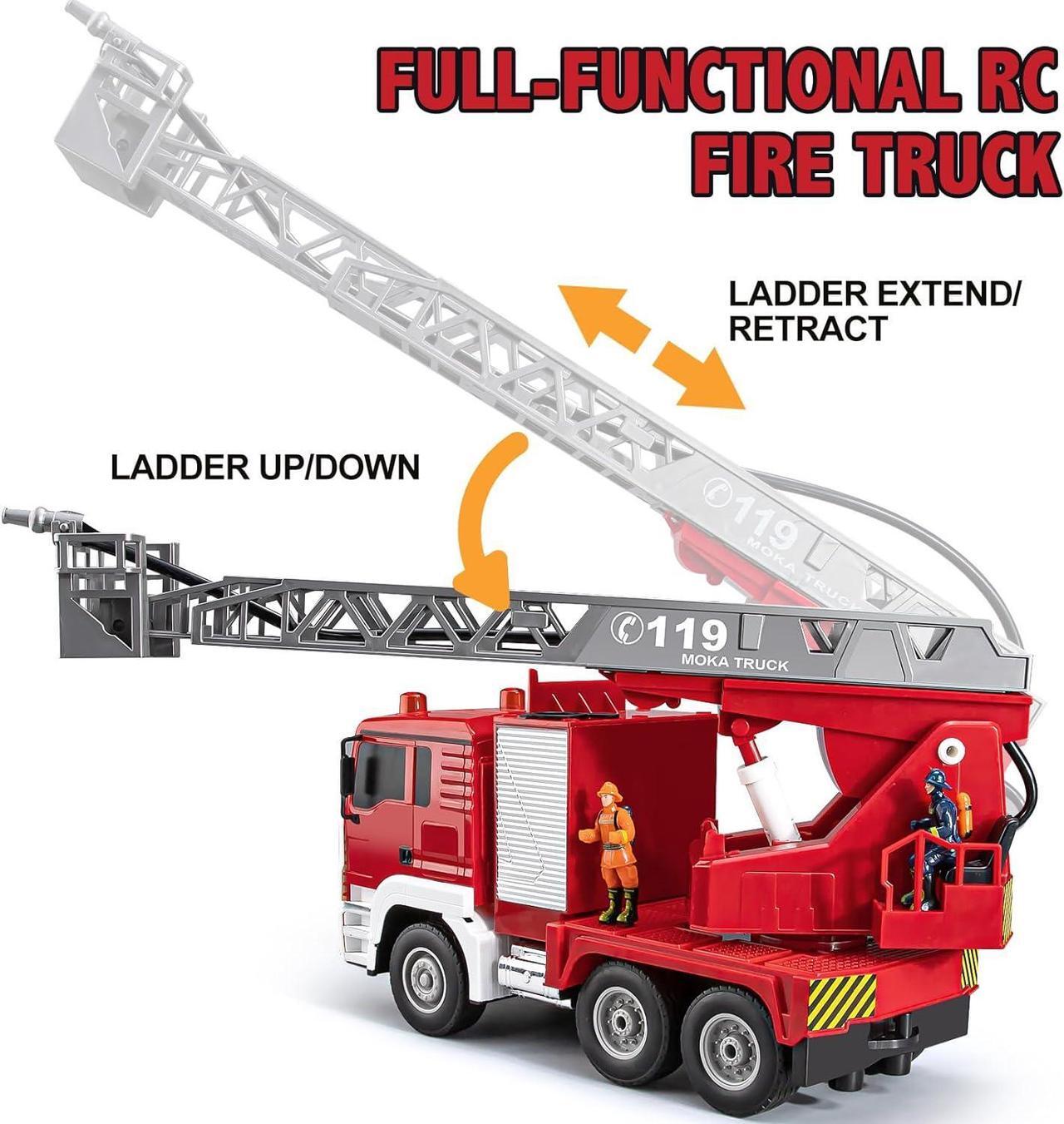 Alt view image 6 of 7 - 13 Channel RC Fire Truck Toy, 2.4G Remote Control Fire Truck with Lights, Siren Sounds, Water Spraying, 1:18 Large RC Firetruck Car for Kids Boys 16.5"