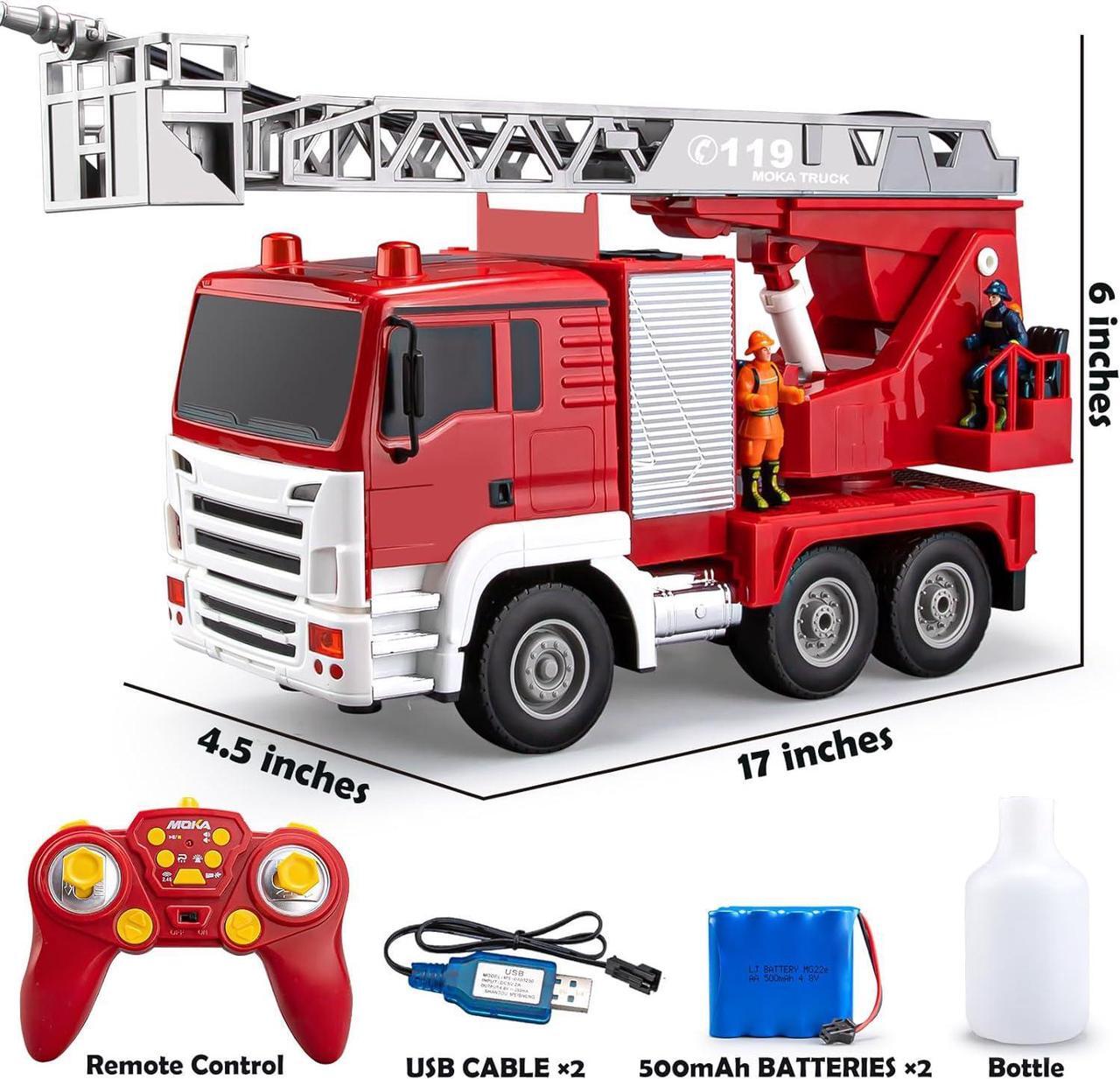 Alt view image 7 of 7 - 13 Channel RC Fire Truck Toy, 2.4G Remote Control Fire Truck with Lights, Siren Sounds, Water Spraying, 1:18 Large RC Firetruck Car for Kids Boys 16.5"