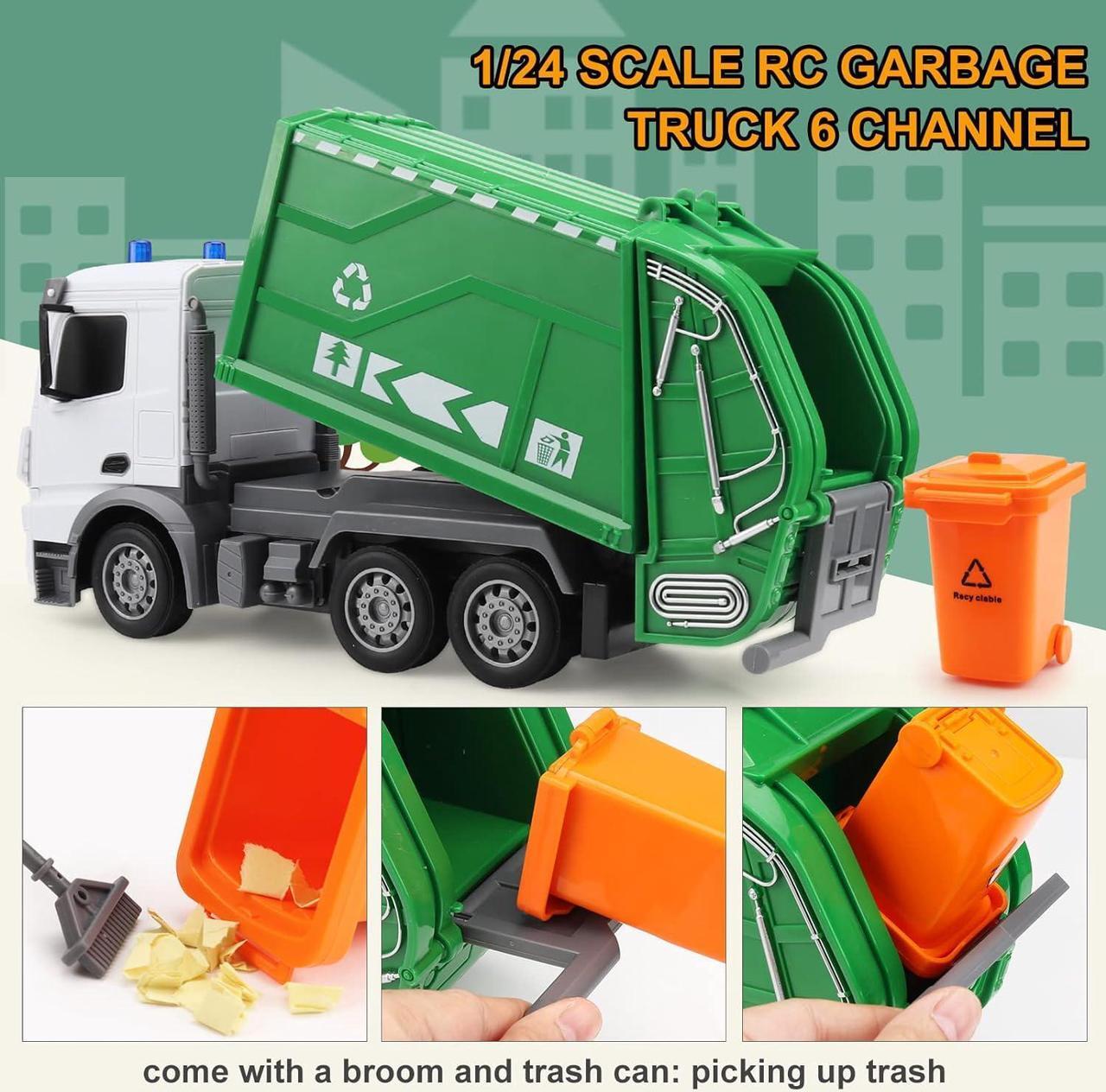 Alt view image 2 of 6 - 2.4Ghz Remote Control Garbage Truck Toys, RC Trash Truck Toys for Boys with Trash Bin Real Lights, 1/24 Scale 6 Channel Rechargeable Recycling Truck Gift for Kids