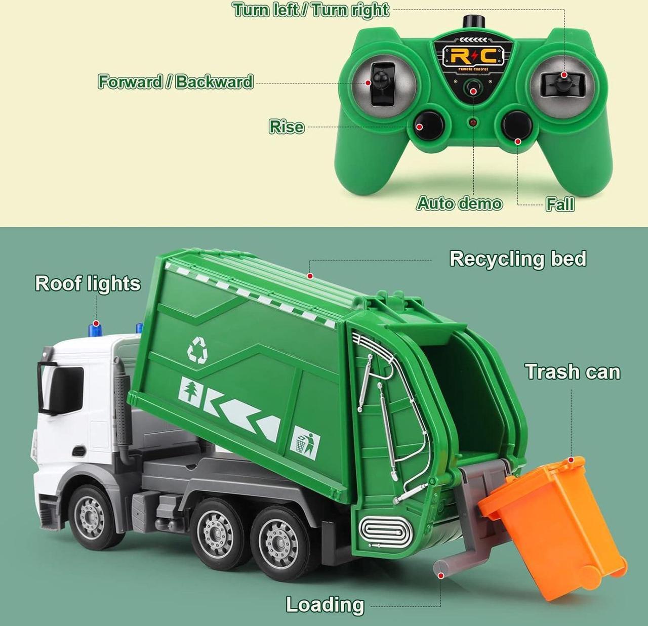 Alt view image 3 of 6 - 2.4Ghz Remote Control Garbage Truck Toys, RC Trash Truck Toys for Boys with Trash Bin Real Lights, 1/24 Scale 6 Channel Rechargeable Recycling Truck Gift for Kids