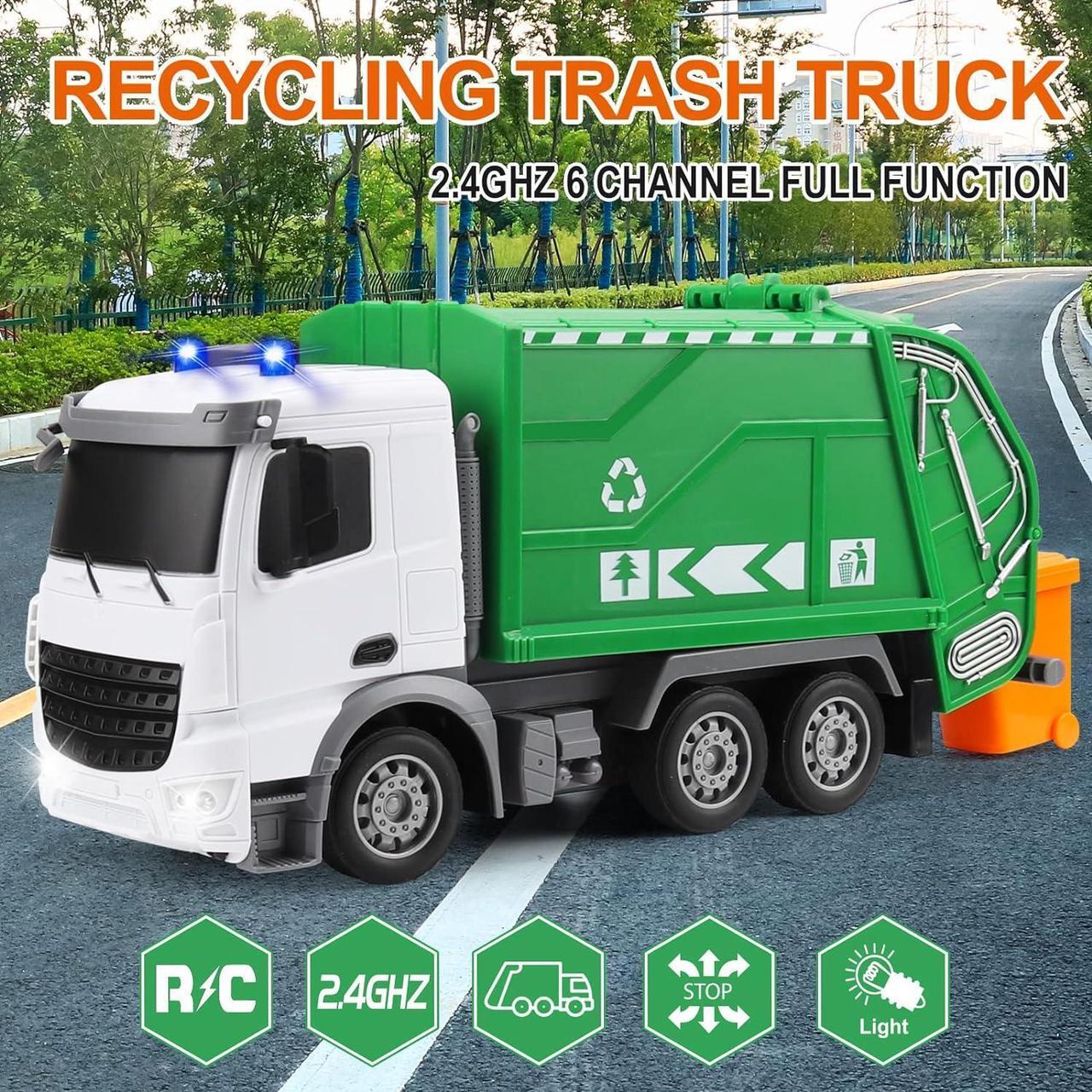 Alt view image 5 of 6 - 2.4Ghz Remote Control Garbage Truck Toys, RC Trash Truck Toys for Boys with Trash Bin Real Lights, 1/24 Scale 6 Channel Rechargeable Recycling Truck Gift for Kids