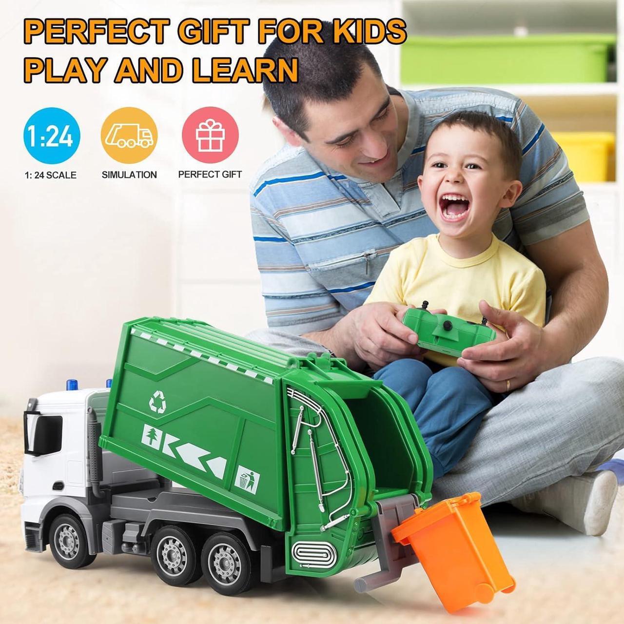Alt view image 6 of 6 - 2.4Ghz Remote Control Garbage Truck Toys, RC Trash Truck Toys for Boys with Trash Bin Real Lights, 1/24 Scale 6 Channel Rechargeable Recycling Truck Gift for Kids