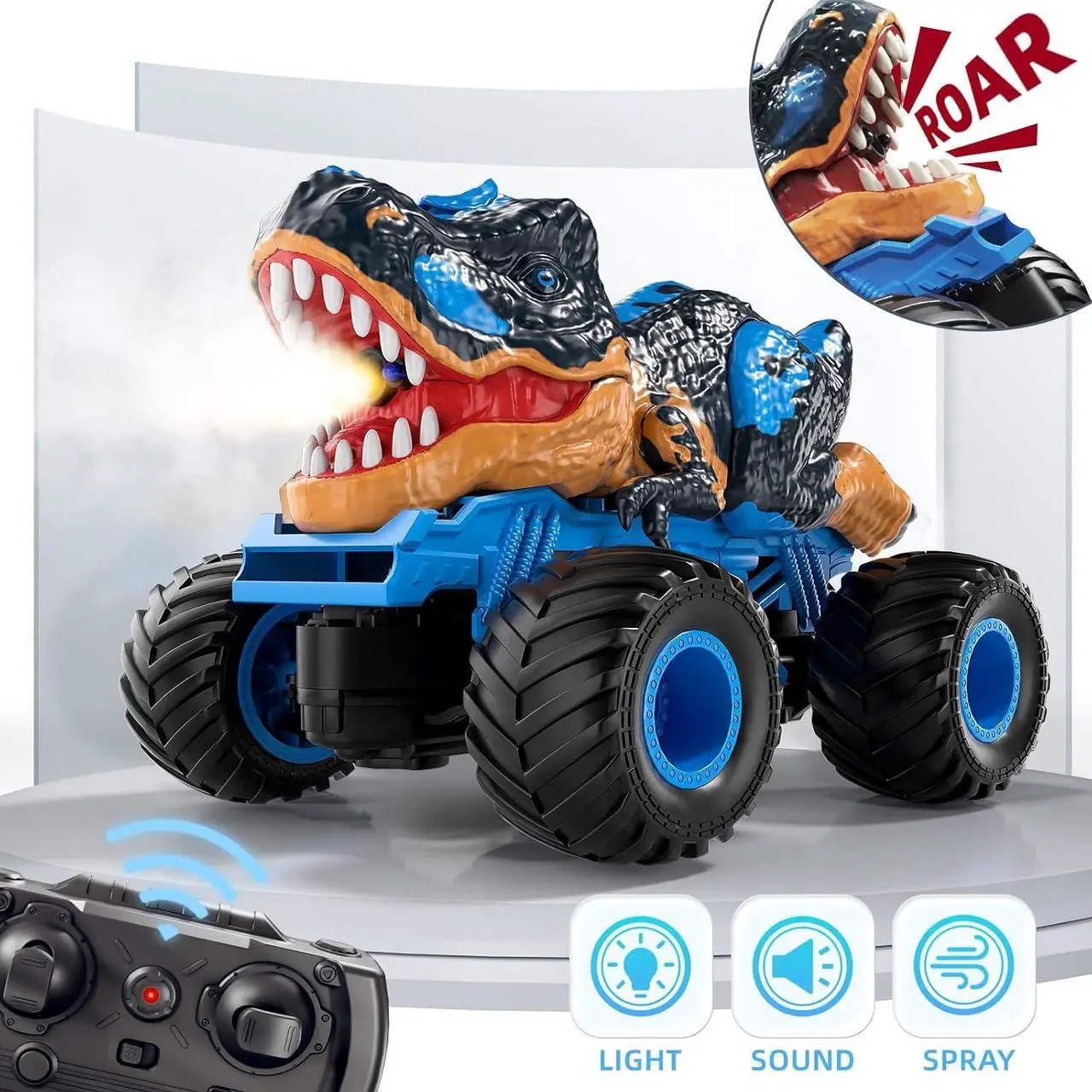 Alt view image 4 of 7 - 2.4Ghz Remote Control Dinosaur Truck for Kids 3 4 5 6 7 8 Years Old, RC Dino Car for Toddlers, Hobby RC Monster Car with Light & Sound, Spray Features, Gift for Boys Girls