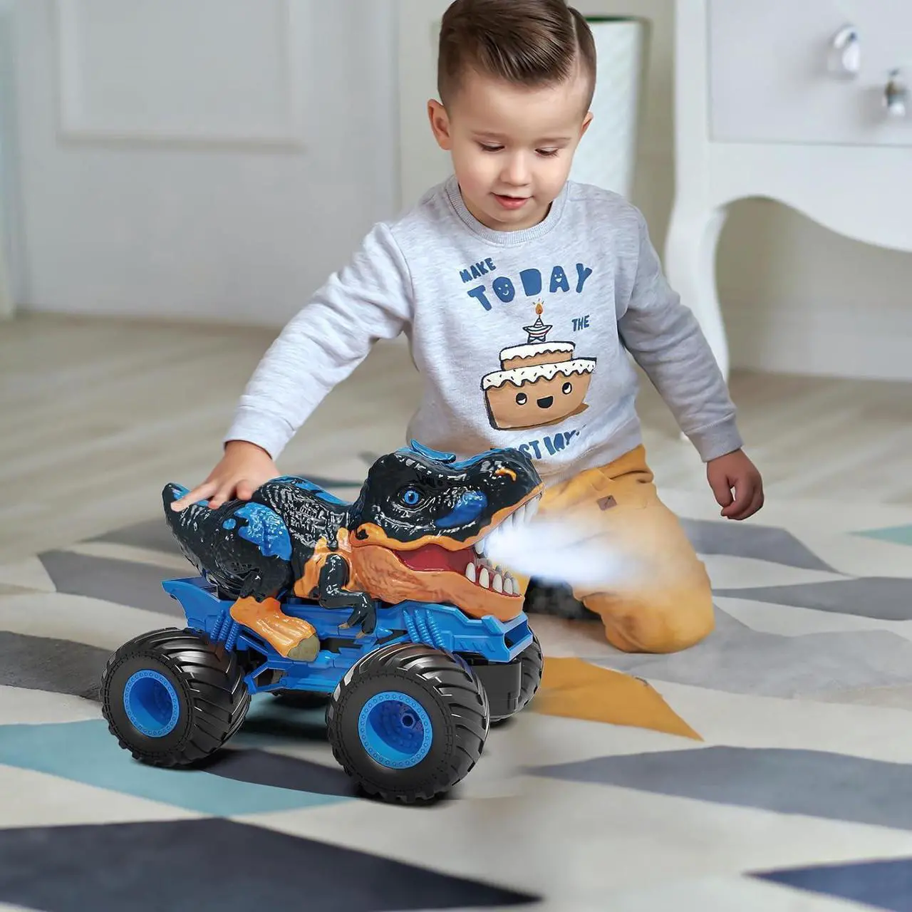 Alt view image 7 of 7 - 2.4Ghz Remote Control Dinosaur Truck for Kids 3 4 5 6 7 8 Years Old, RC Dino Car for Toddlers, Hobby RC Monster Car with Light & Sound, Spray Features, Gift for Boys Girls