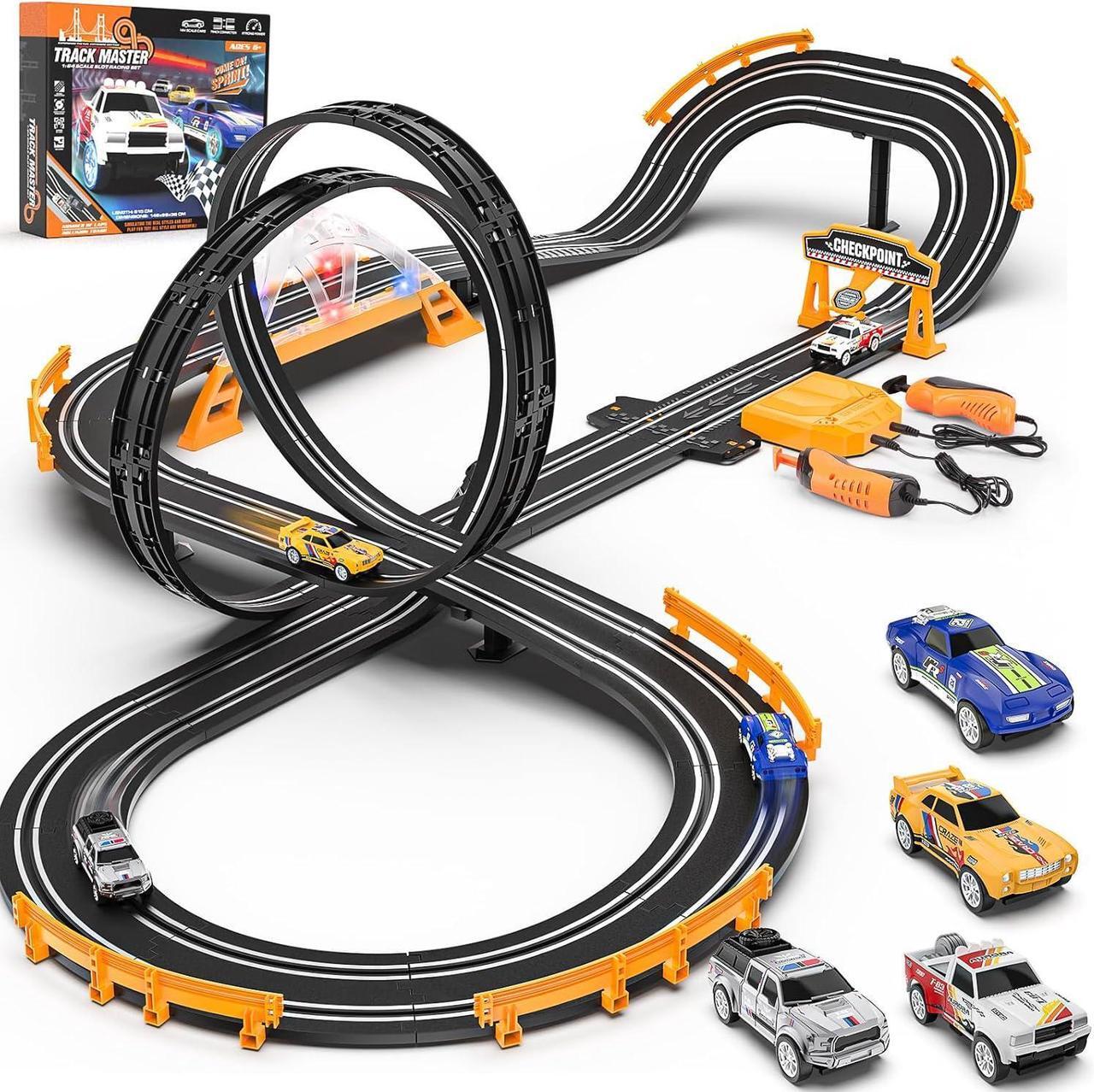 Main image of Slot Car Race Track Sets with 4 Slot Cars, Electric Race Car Track Include Slope Circular Overpass Track, Dual Racing Game Featuring Flash Bridge and Pendulum, Gifts Toys for Boys Kids Age 6 7 8-12