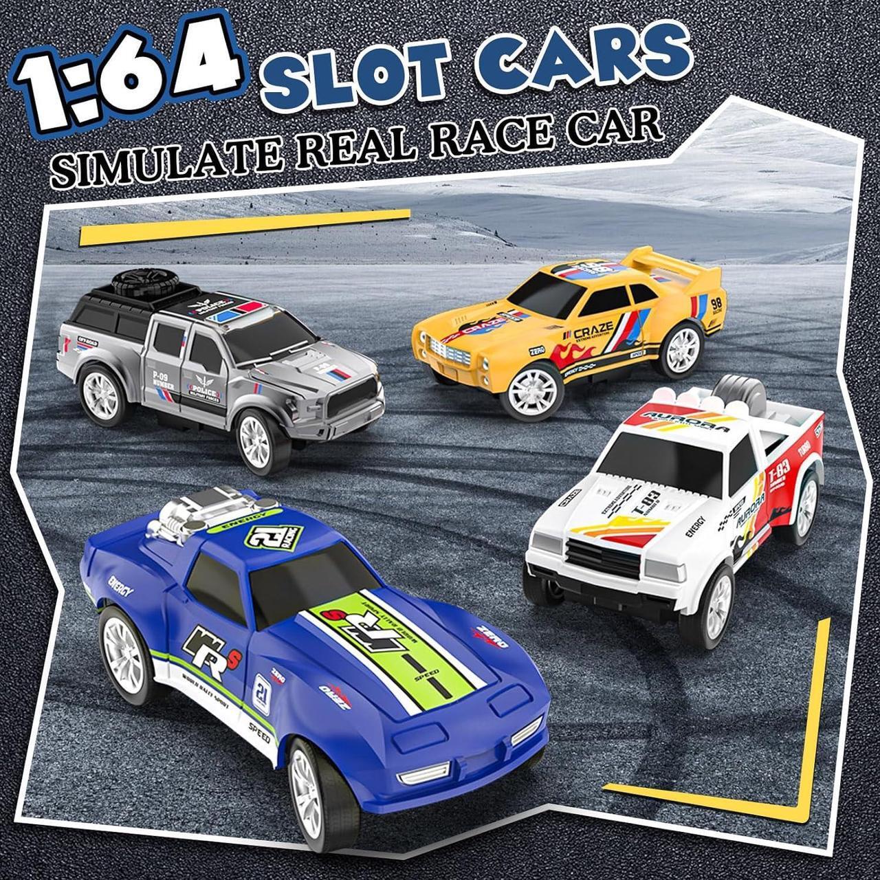 Alt view image 2 of 7 - Slot Car Race Track Sets with 4 Slot Cars, Electric Race Car Track Include Slope Circular Overpass Track, Dual Racing Game Featuring Flash Bridge and Pendulum, Gifts Toys for Boys Kids Age 6 7 8-12