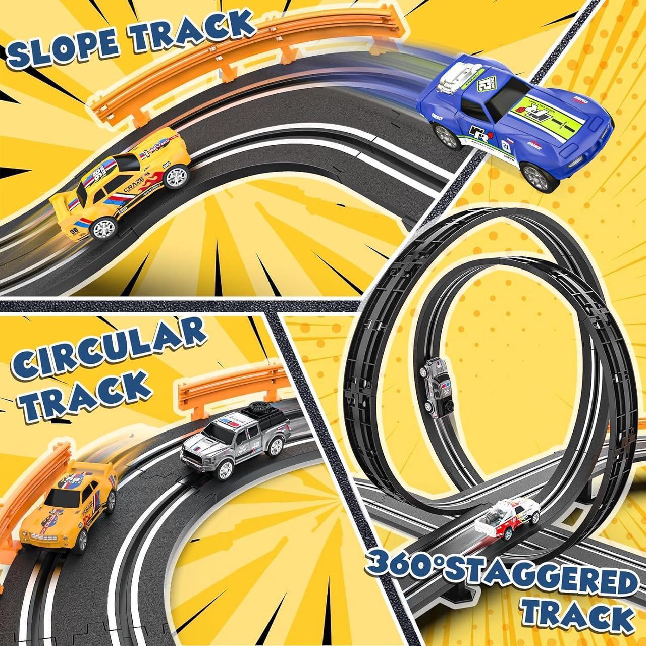 Alt view image 4 of 7 - Slot Car Race Track Sets with 4 Slot Cars, Electric Race Car Track Include Slope Circular Overpass Track, Dual Racing Game Featuring Flash Bridge and Pendulum, Gifts Toys for Boys Kids Age 6 7 8-12