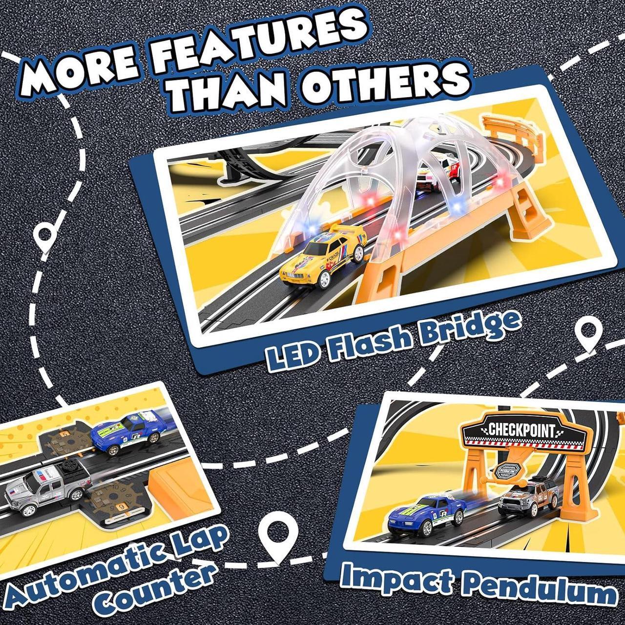 Alt view image 3 of 7 - Slot Car Race Track Sets with 4 Slot Cars, Electric Race Car Track Include Slope Circular Overpass Track, Dual Racing Game Featuring Flash Bridge and Pendulum, Gifts Toys for Boys Kids Age 6 7 8-12