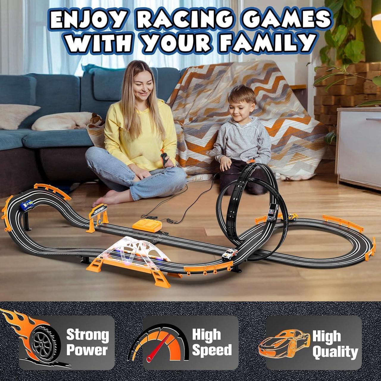 Alt view image 5 of 7 - Slot Car Race Track Sets with 4 Slot Cars, Electric Race Car Track Include Slope Circular Overpass Track, Dual Racing Game Featuring Flash Bridge and Pendulum, Gifts Toys for Boys Kids Age 6 7 8-12