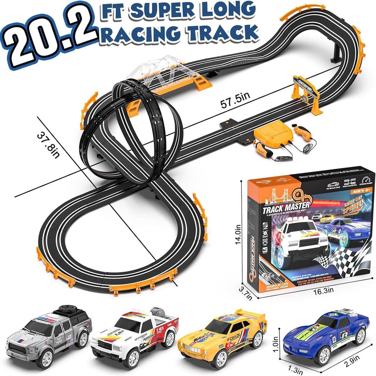 Alt view image 7 of 7 - Slot Car Race Track Sets with 4 Slot Cars, Electric Race Car Track Include Slope Circular Overpass Track, Dual Racing Game Featuring Flash Bridge and Pendulum, Gifts Toys for Boys Kids Age 6 7 8-12