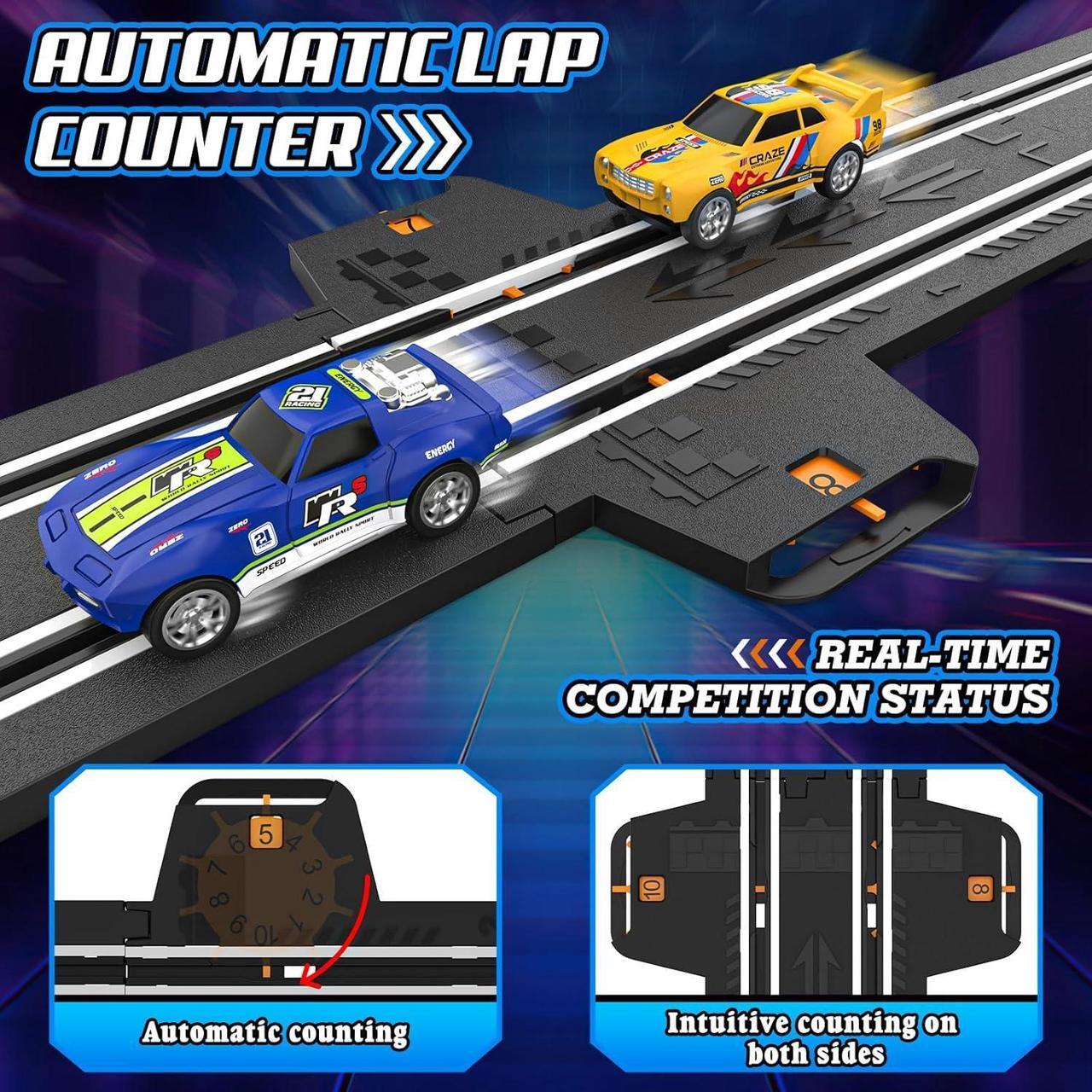 Alt view image 2 of 7 - Slot Car Race Track Sets for Boys, Race Car Track with 2 High-Speed Slot Cars, Battery or Electric Car Track, Dual Racing Game Lap Counter Track Sets, Toys Gifts for Boys Girls Ages 4 5 6 7 8-12