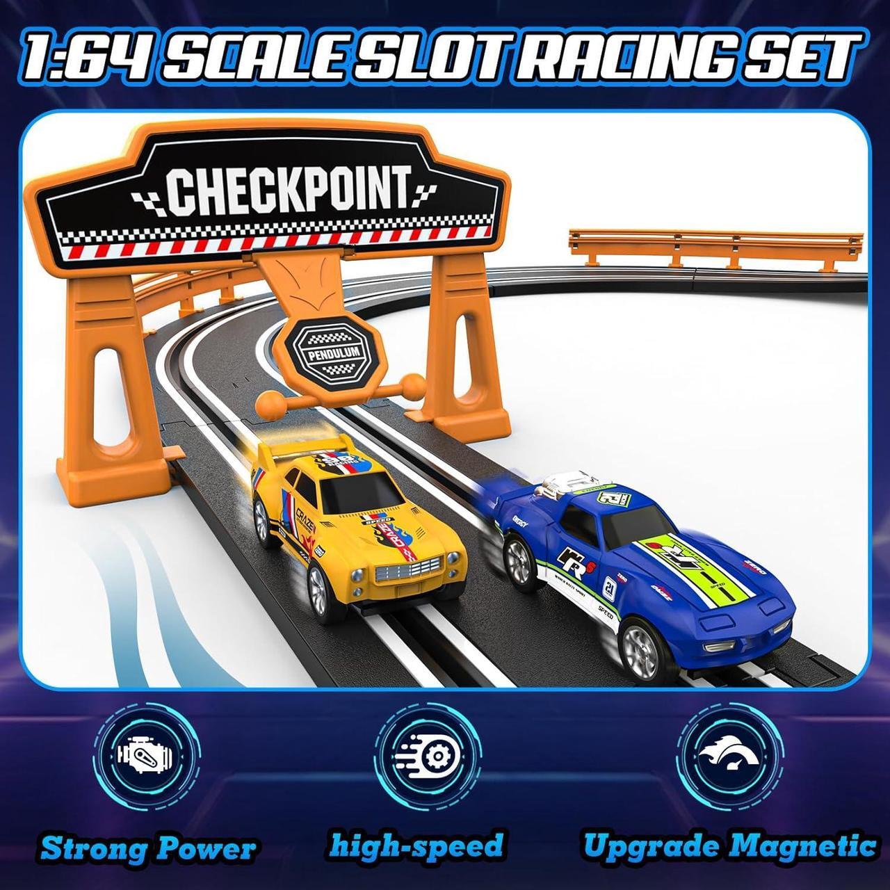 Alt view image 3 of 7 - Slot Car Race Track Sets for Boys, Race Car Track with 2 High-Speed Slot Cars, Battery or Electric Car Track, Dual Racing Game Lap Counter Track Sets, Toys Gifts for Boys Girls Ages 4 5 6 7 8-12