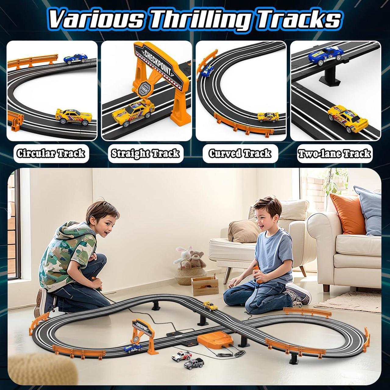 Alt view image 4 of 7 - Slot Car Race Track Sets for Boys, Race Car Track with 2 High-Speed Slot Cars, Battery or Electric Car Track, Dual Racing Game Lap Counter Track Sets, Toys Gifts for Boys Girls Ages 4 5 6 7 8-12