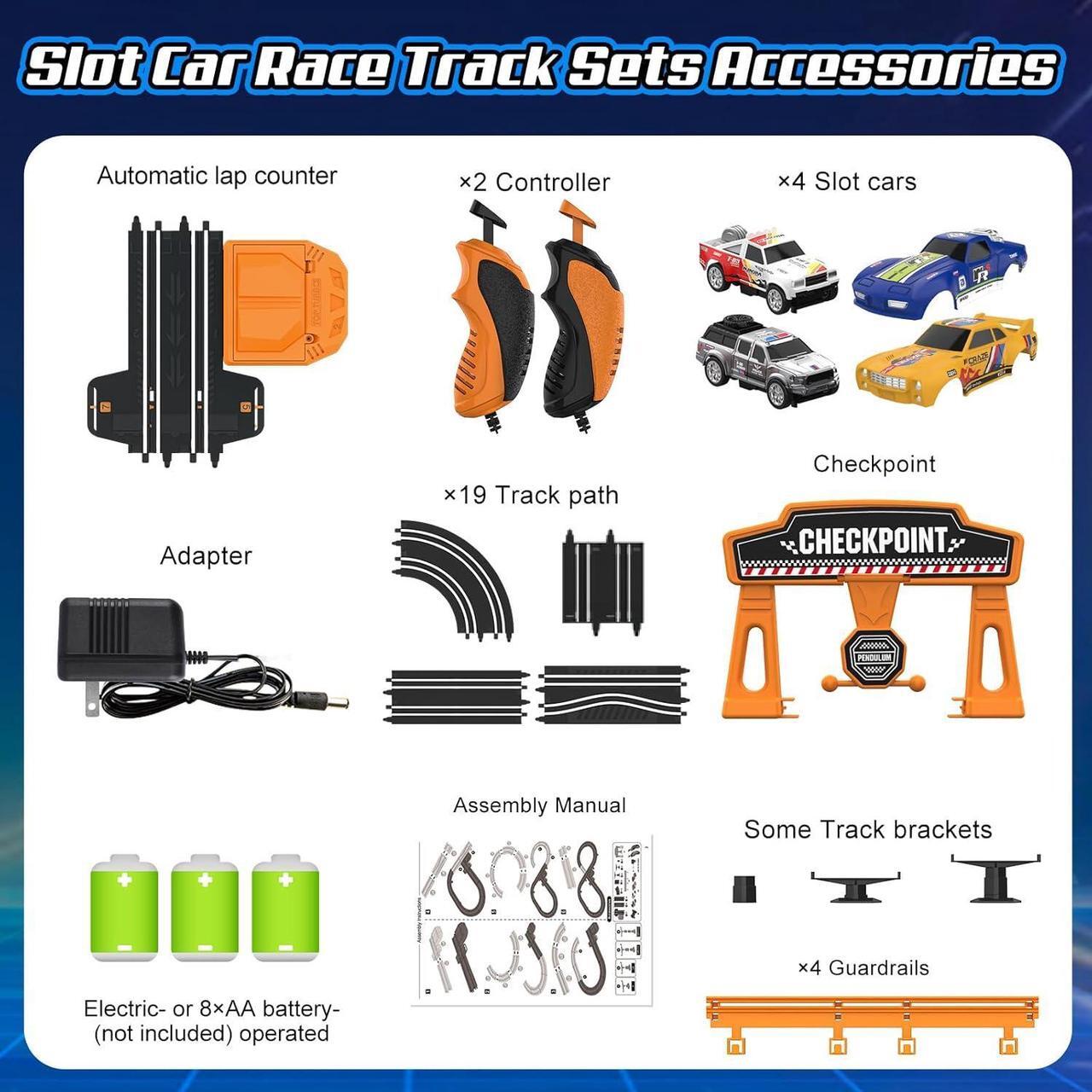 Alt view image 6 of 7 - Slot Car Race Track Sets for Boys, Race Car Track with 2 High-Speed Slot Cars, Battery or Electric Car Track, Dual Racing Game Lap Counter Track Sets, Toys Gifts for Boys Girls Ages 4 5 6 7 8-12