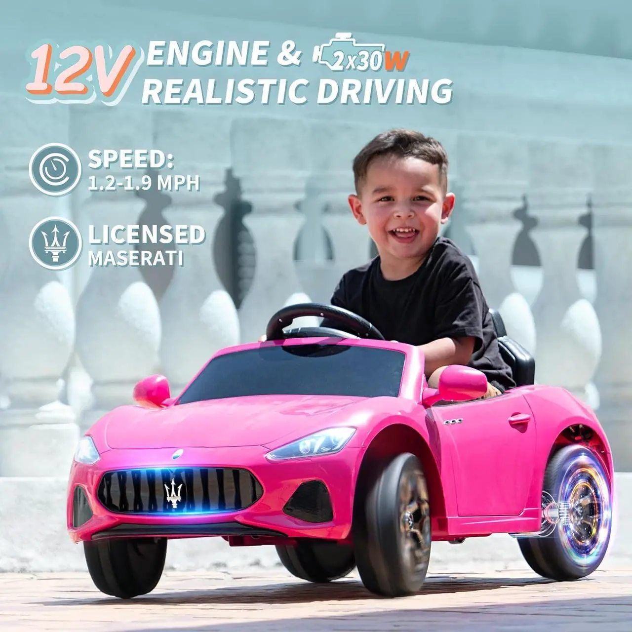 Alt view image 2 of 7 - Joywhale 12V Kids Ride on Car Licensed Maserati Battery Powered Electric Vehicle for Kids Ages 3-6, with 2.4G Remote Control, Metal Suspension, Safety Belt, Bright Headlights, Music & FM, Pink