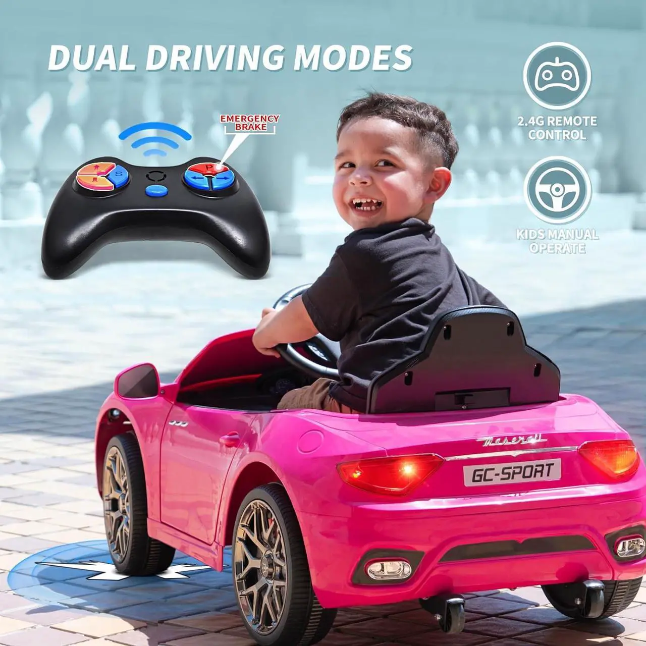 Alt view image 3 of 7 - Joywhale 12V Kids Ride on Car Licensed Maserati Battery Powered Electric Vehicle for Kids Ages 3-6, with 2.4G Remote Control, Metal Suspension, Safety Belt, Bright Headlights, Music & FM, Pink