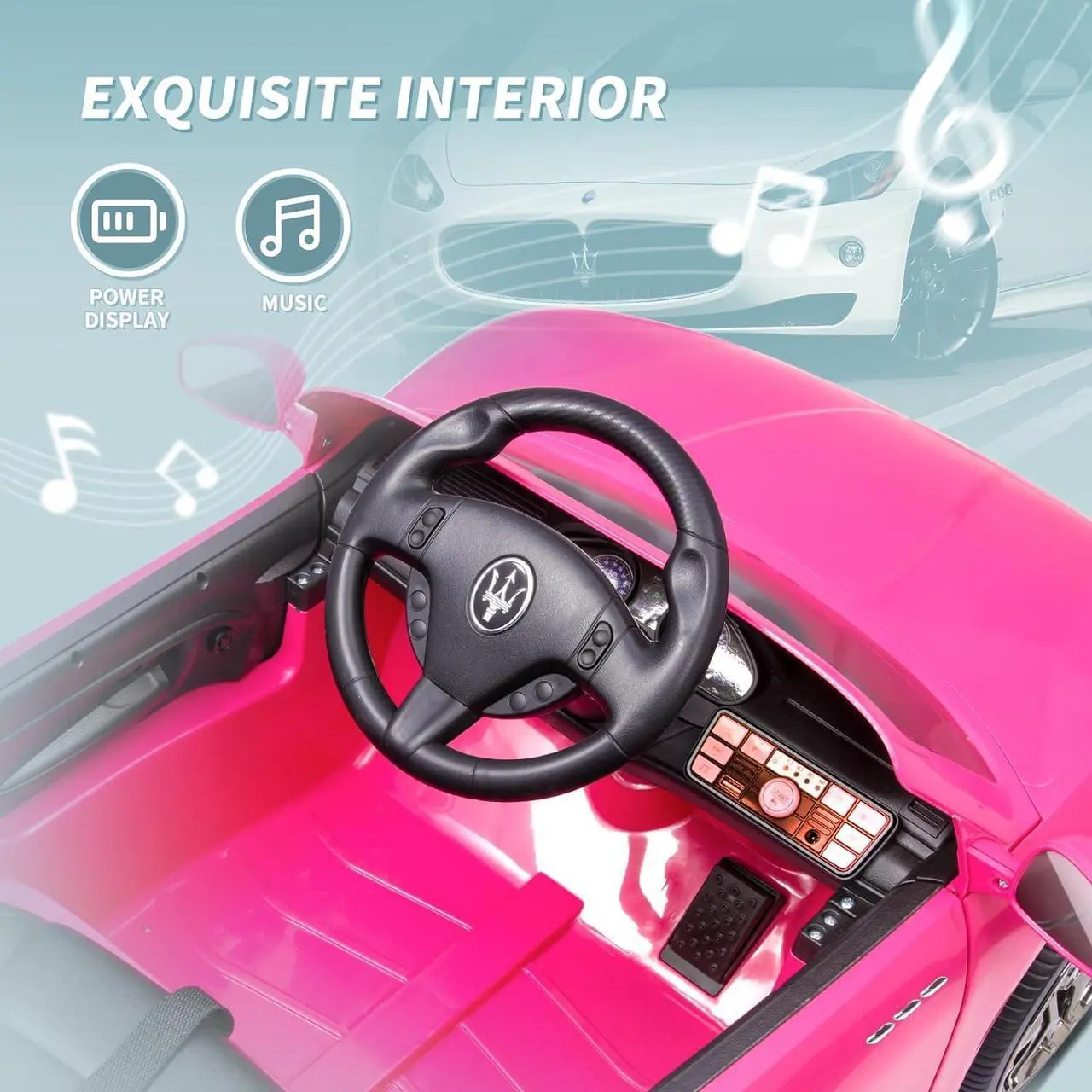 Alt view image 4 of 7 - Joywhale 12V Kids Ride on Car Licensed Maserati Battery Powered Electric Vehicle for Kids Ages 3-6, with 2.4G Remote Control, Metal Suspension, Safety Belt, Bright Headlights, Music & FM, Pink
