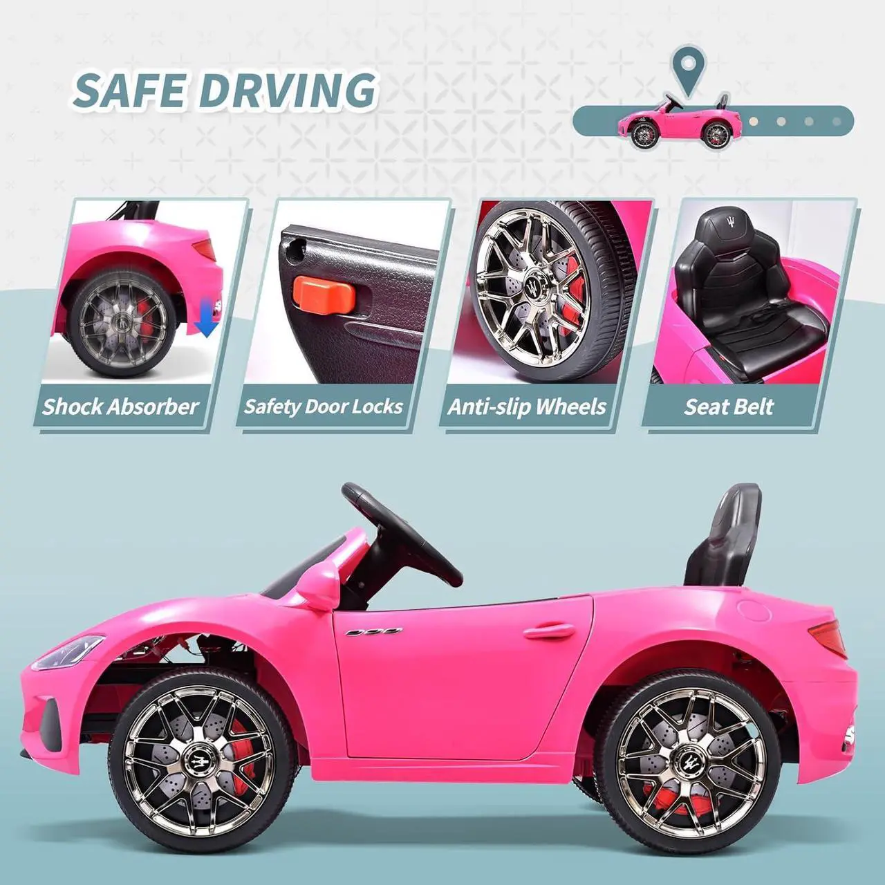 Alt view image 6 of 7 - Joywhale 12V Kids Ride on Car Licensed Maserati Battery Powered Electric Vehicle for Kids Ages 3-6, with 2.4G Remote Control, Metal Suspension, Safety Belt, Bright Headlights, Music & FM, Pink