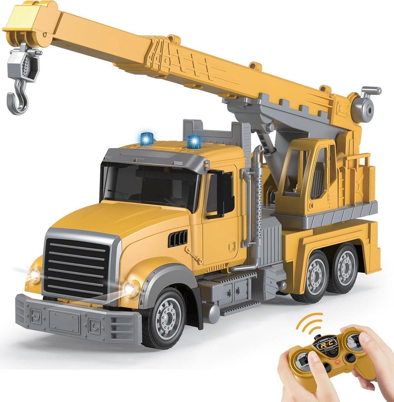 Main image of Remote Control Crane Truck Toy, RC Crane Truck 7 Channel 1:24 Construction Vehicles Toyswith One-Touch Lift Sounds & Lights, Two Rechargeable Batteries, Kids Cranes Toy for Boy Gift
