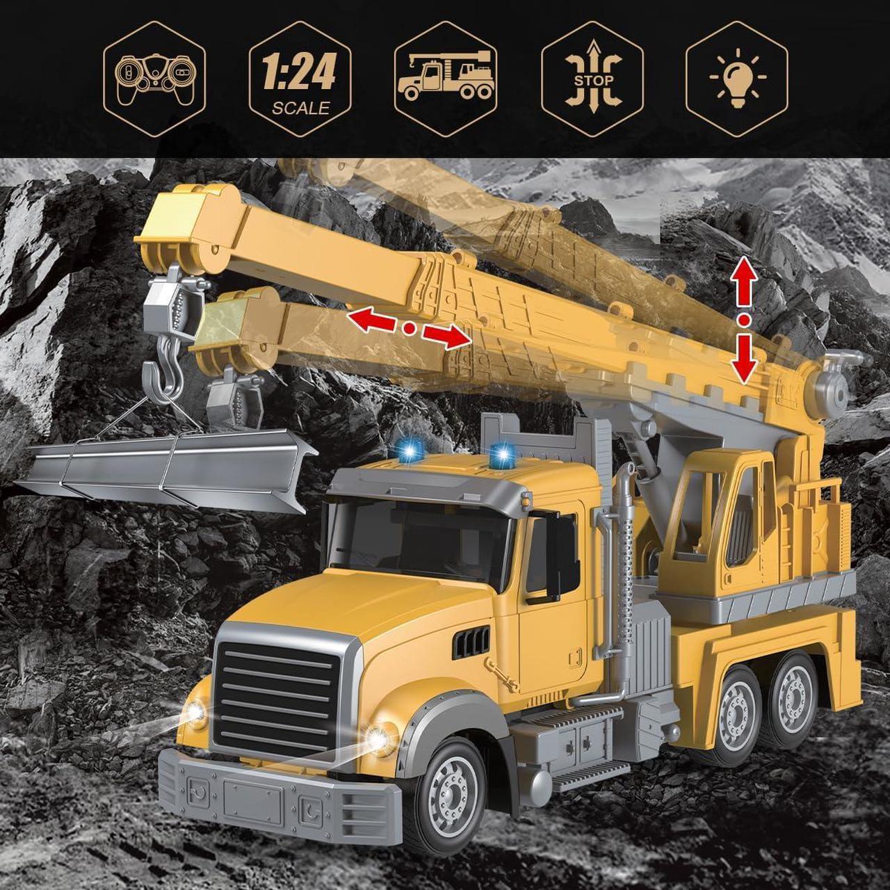 Alt view image 2 of 7 - Remote Control Crane Truck Toy, RC Crane Truck 7 Channel 1:24 Construction Vehicles Toyswith One-Touch Lift Sounds & Lights, Two Rechargeable Batteries, Kids Cranes Toy for Boy Gift