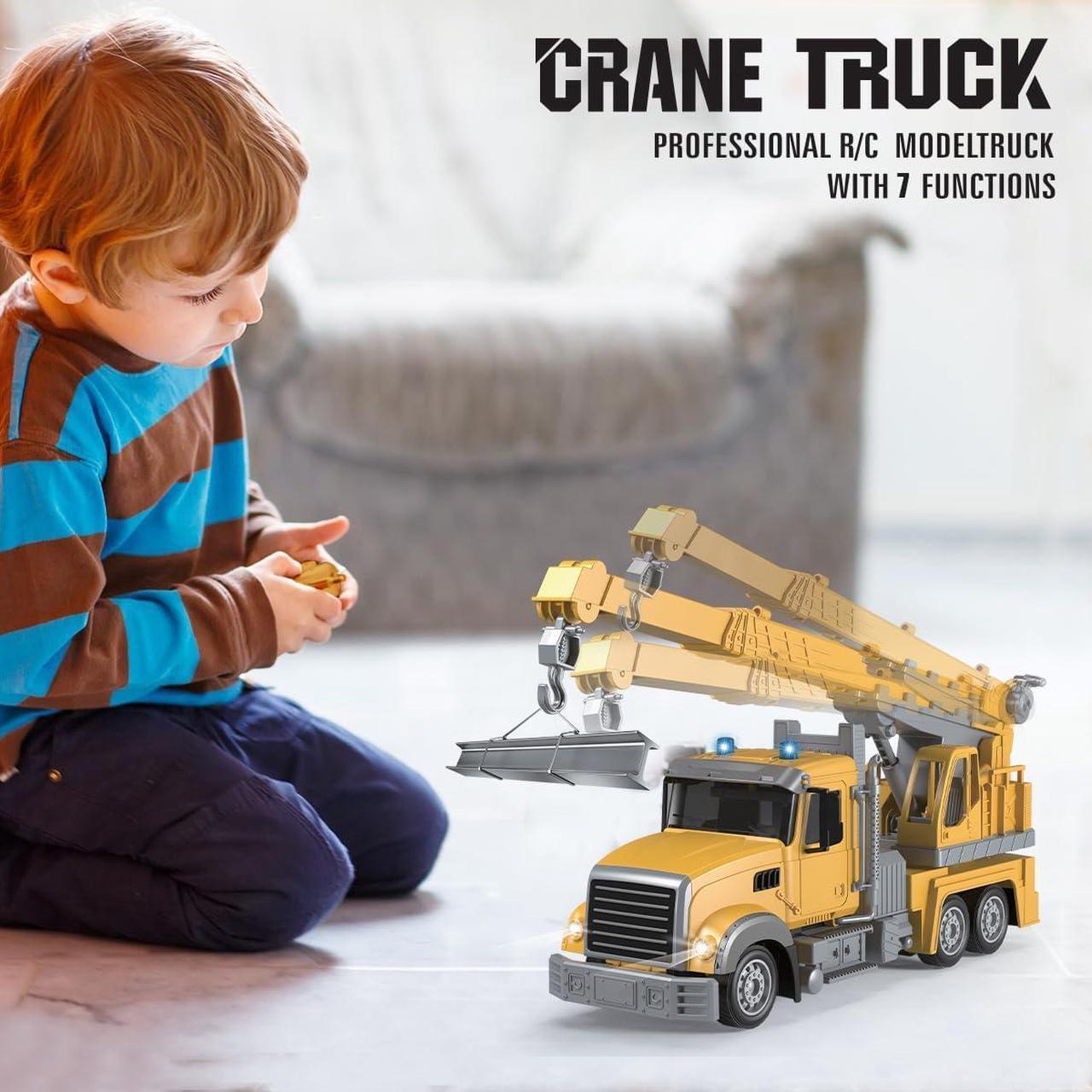 Alt view image 4 of 7 - Remote Control Crane Truck Toy, RC Crane Truck 7 Channel 1:24 Construction Vehicles Toyswith One-Touch Lift Sounds & Lights, Two Rechargeable Batteries, Kids Cranes Toy for Boy Gift