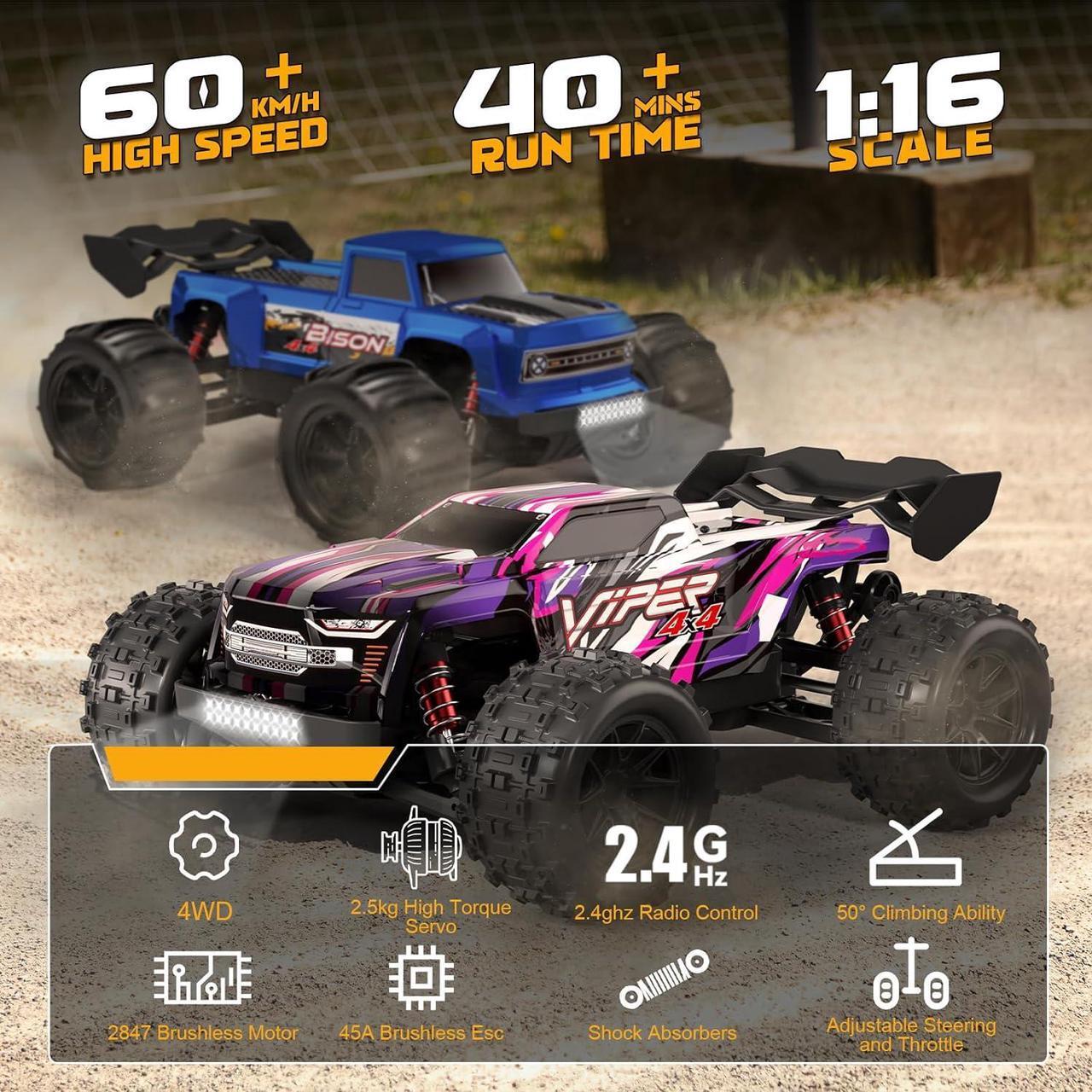 Alt view image 4 of 7 - 1/16 Scale Brushless RC Buggy for Adults, High Speed Fast Up to 37 MPH Remote Control Off-Road RC Car, 4X4 RTR All Terrains RC Truck, Hobby RC Electric Vehicle Car for Snow,Sand & Mud(S909)