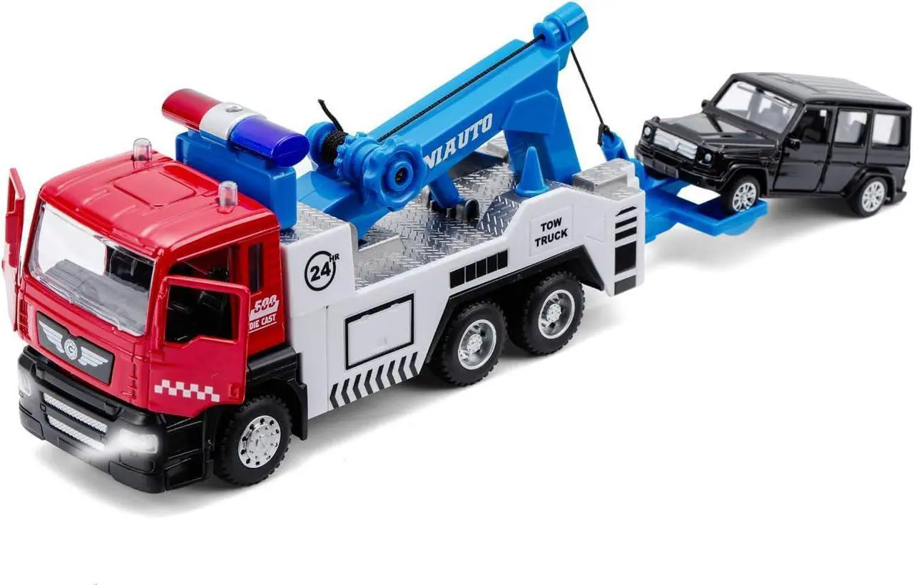 Main image of haomsj Toy Tow Truck Pull Back Toy Cars Miniature Carrier Truck Toy for Boys and Girls, Lights and Sound