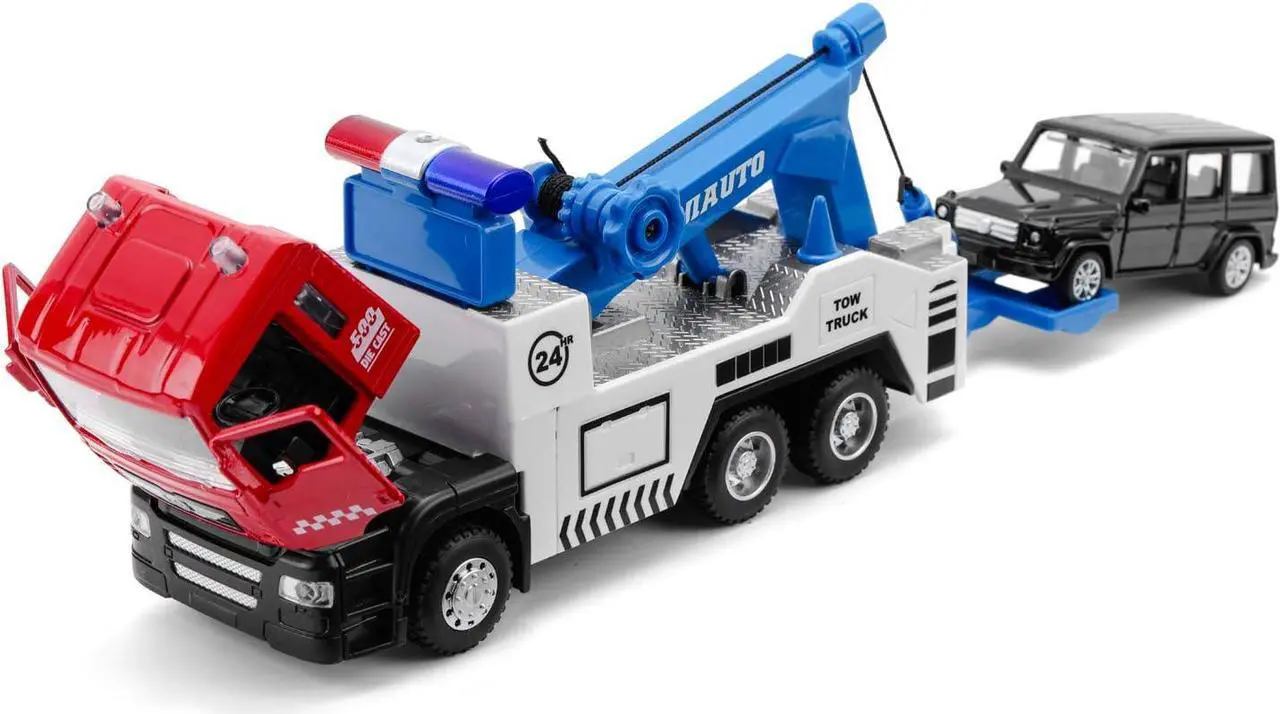 Alt view image 4 of 6 - haomsj Toy Tow Truck Pull Back Toy Cars Miniature Carrier Truck Toy for Boys and Girls, Lights and Sound