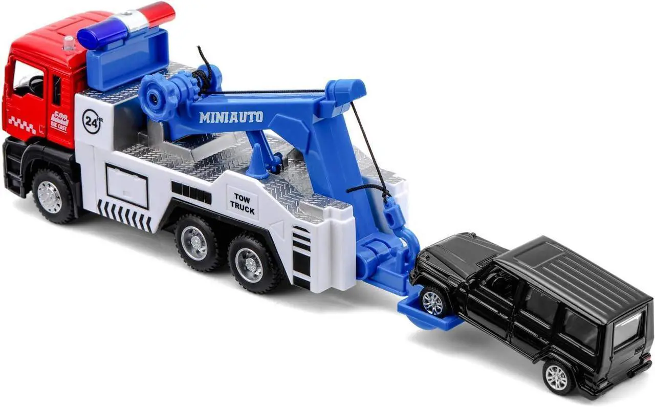 Alt view image 6 of 6 - haomsj Toy Tow Truck Pull Back Toy Cars Miniature Carrier Truck Toy for Boys and Girls, Lights and Sound