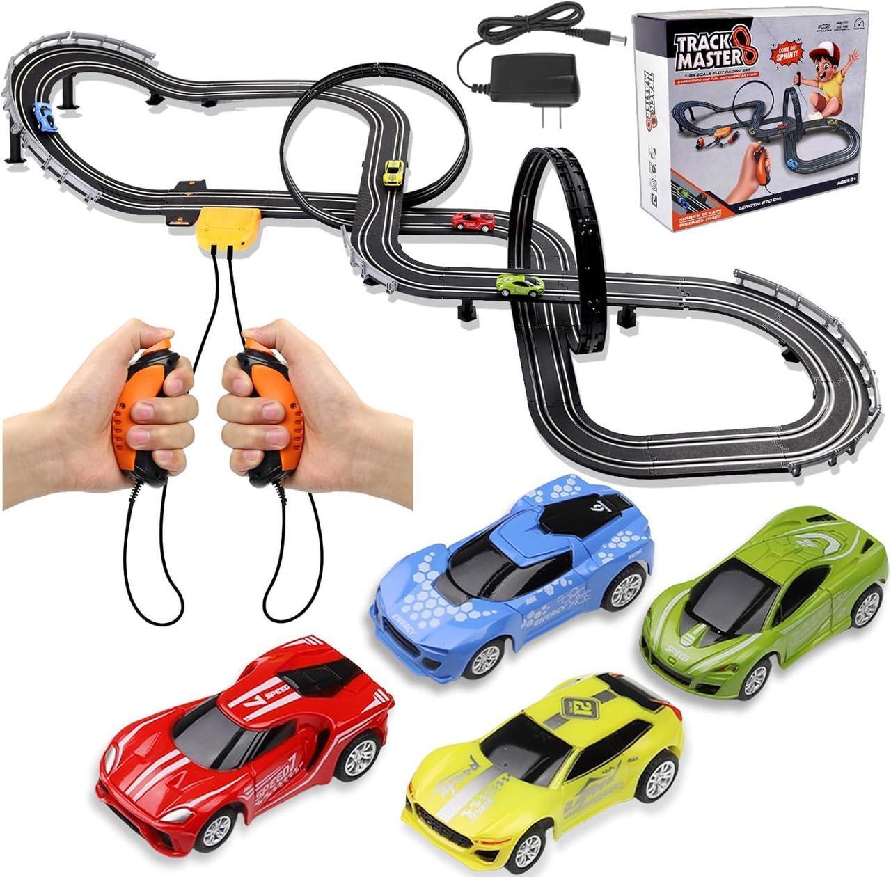 Main image of Slot Car Race Track Sets, 23ft Battery Powered or Electric Track with 4 Slot Cars, Dual Racing Game Lap Counters, Race Track Set Features a Loop, Turns, Straightaways and a Crossover for Boys Age 6-12