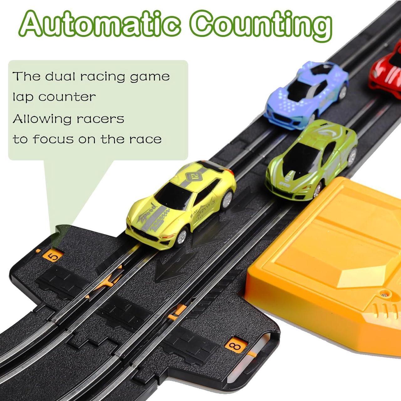 Alt view image 3 of 7 - Slot Car Race Track Sets, 23ft Battery Powered or Electric Track with 4 Slot Cars, Dual Racing Game Lap Counters, Race Track Set Features a Loop, Turns, Straightaways and a Crossover for Boys Age 6-12